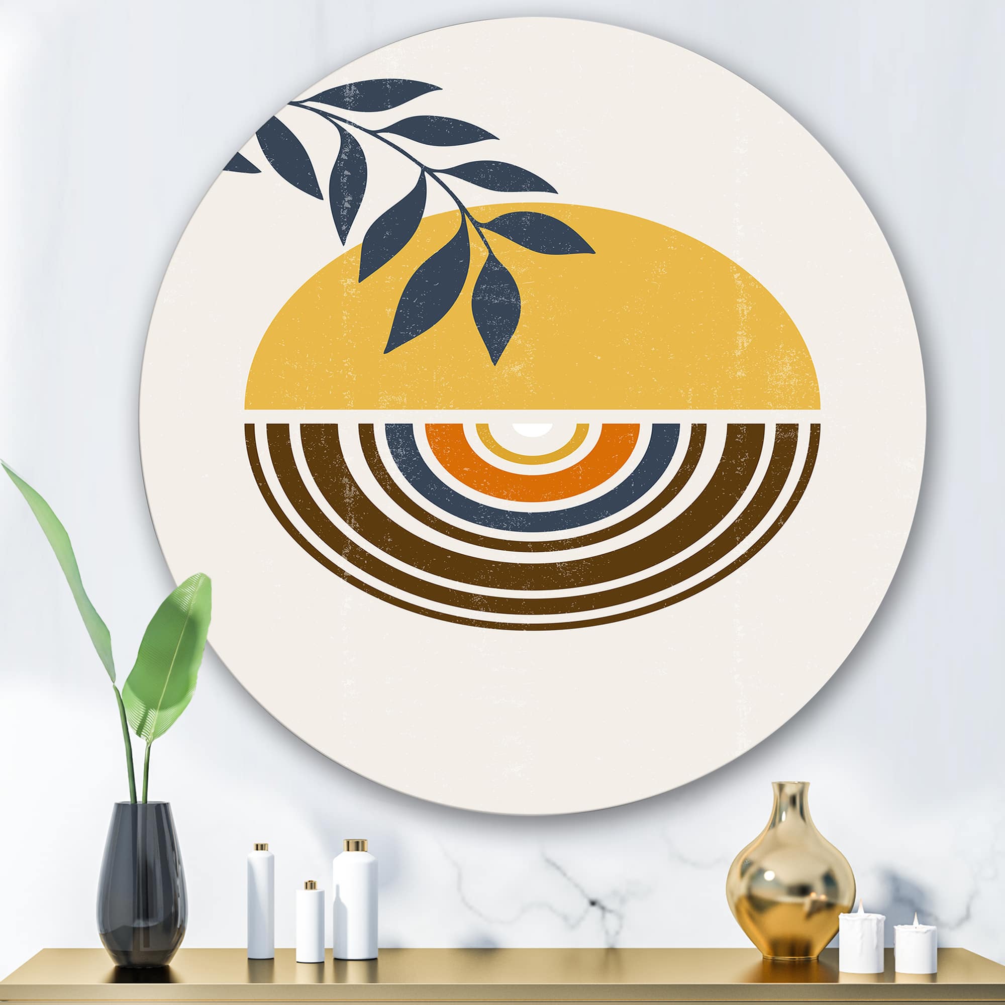 Designart - Abstract Sun Moon Leaves III - Modern Metal Circle Wall Art