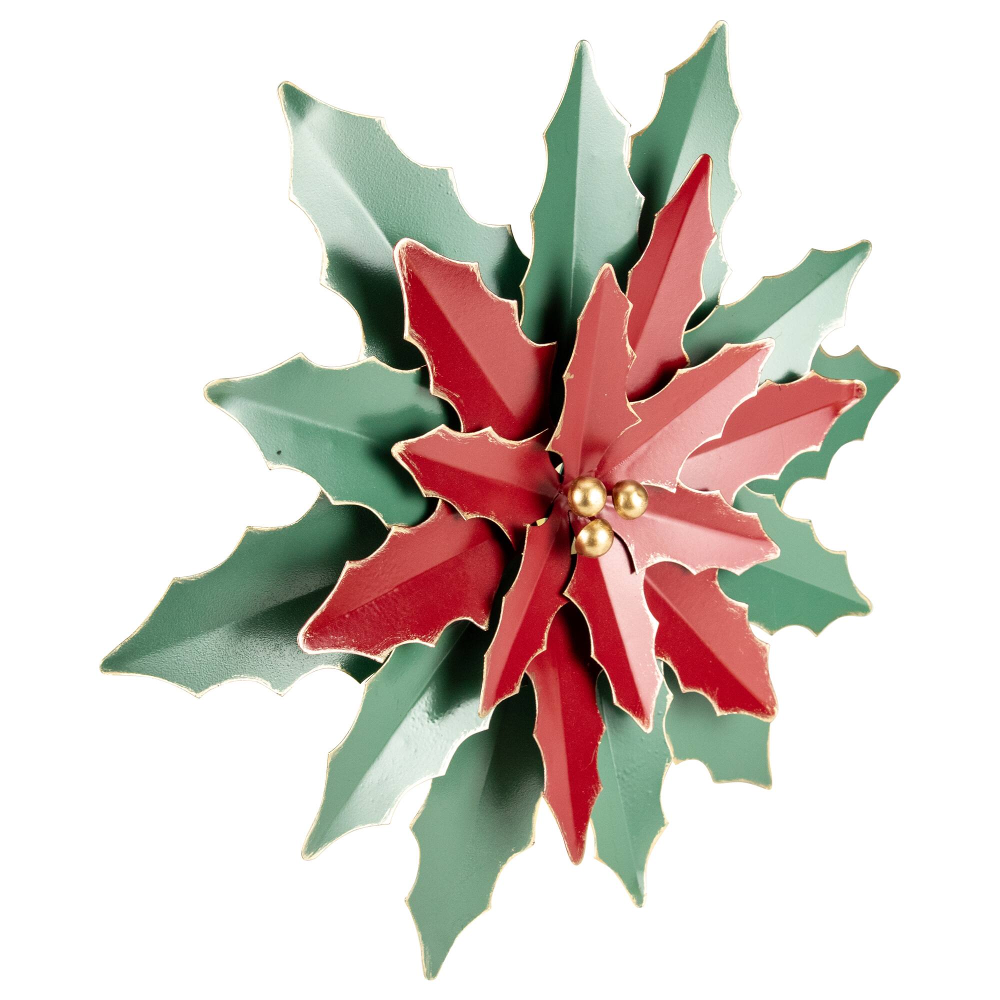 16.25" Large Red and Green Metal Poinsettia Christmas Wall Hanging