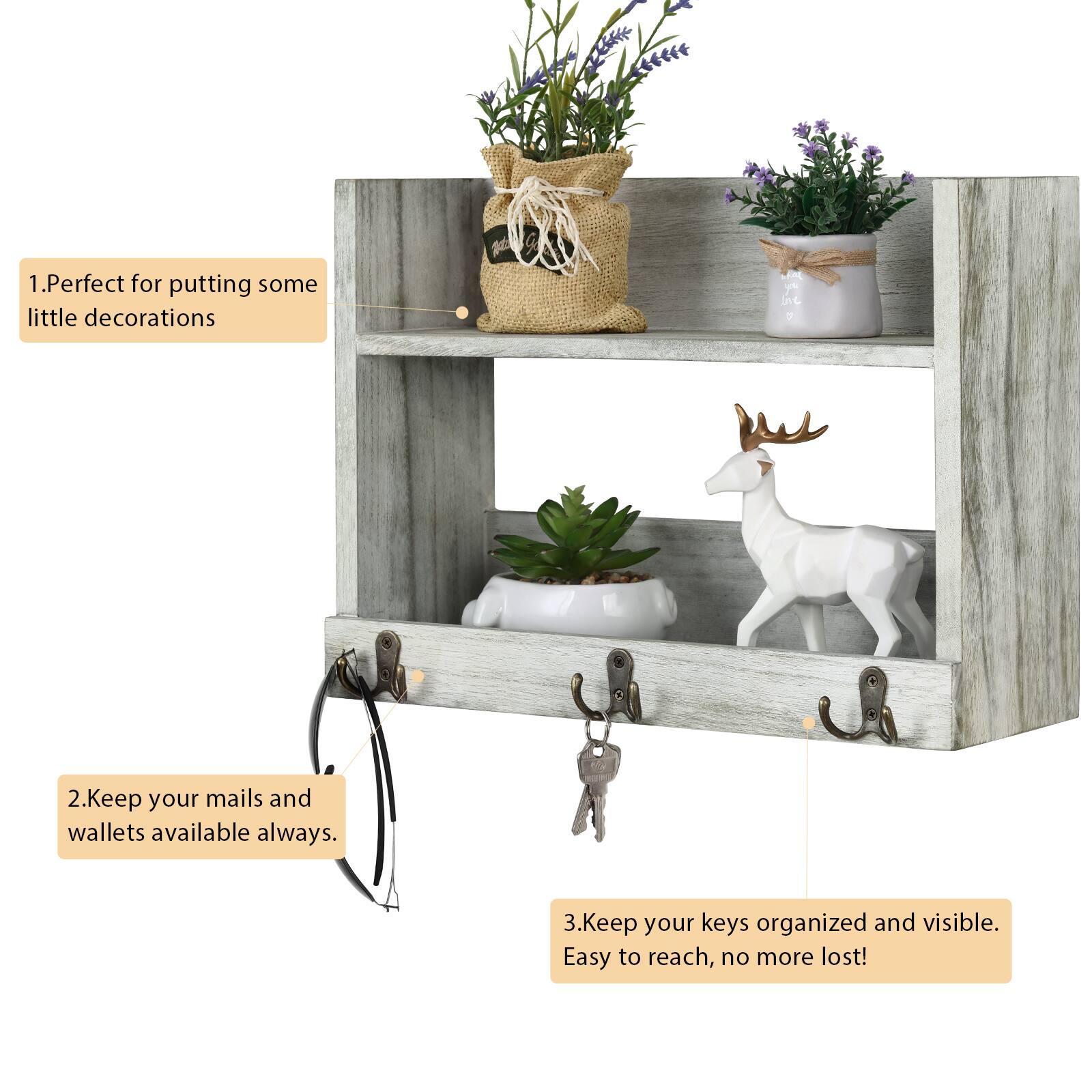 Rustic Wood Floating Storage Shelf with 3 Hooks