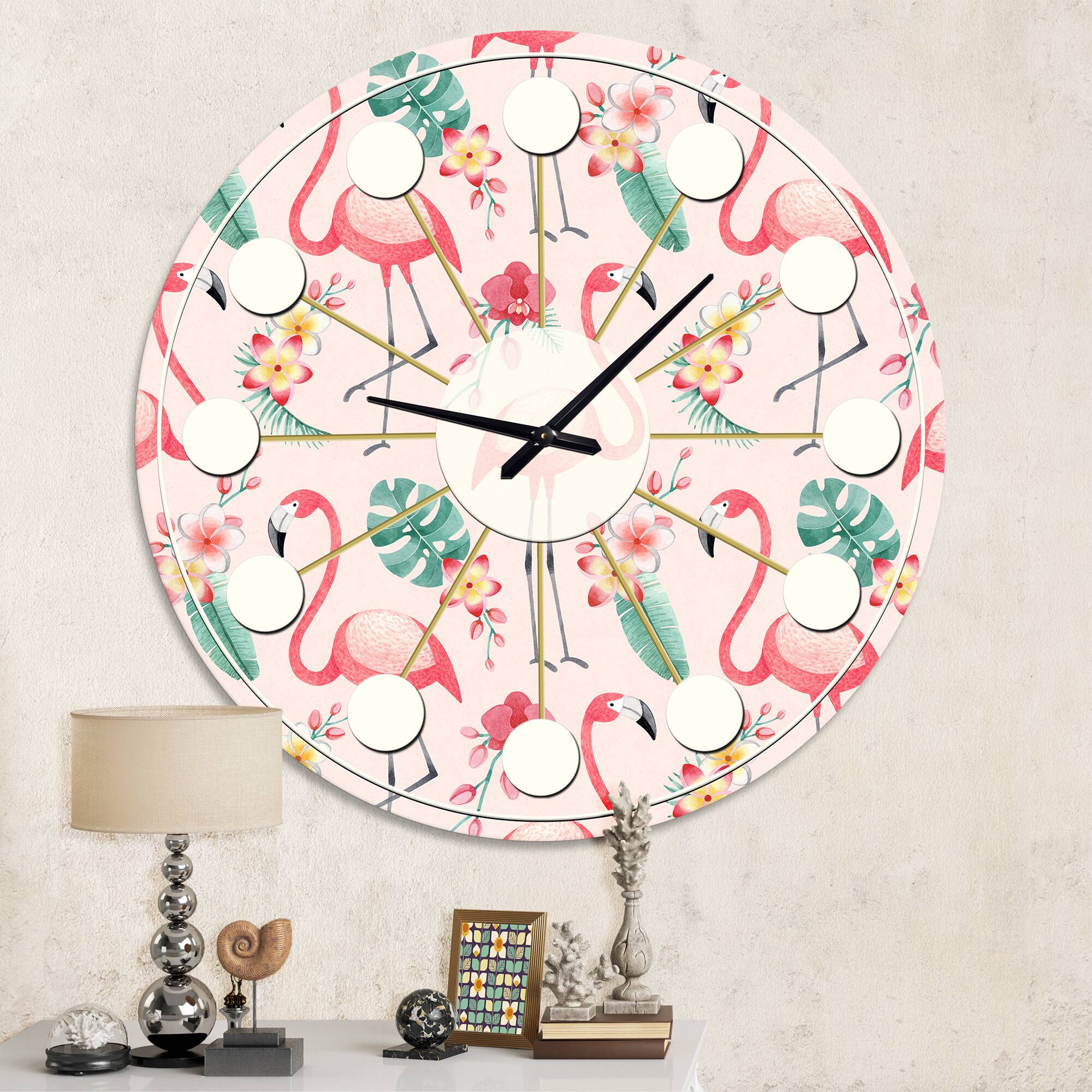 Designart 'Tropical Botanicals, Flowers And Flamingo Ii Mid-Century Modern Wall Clock