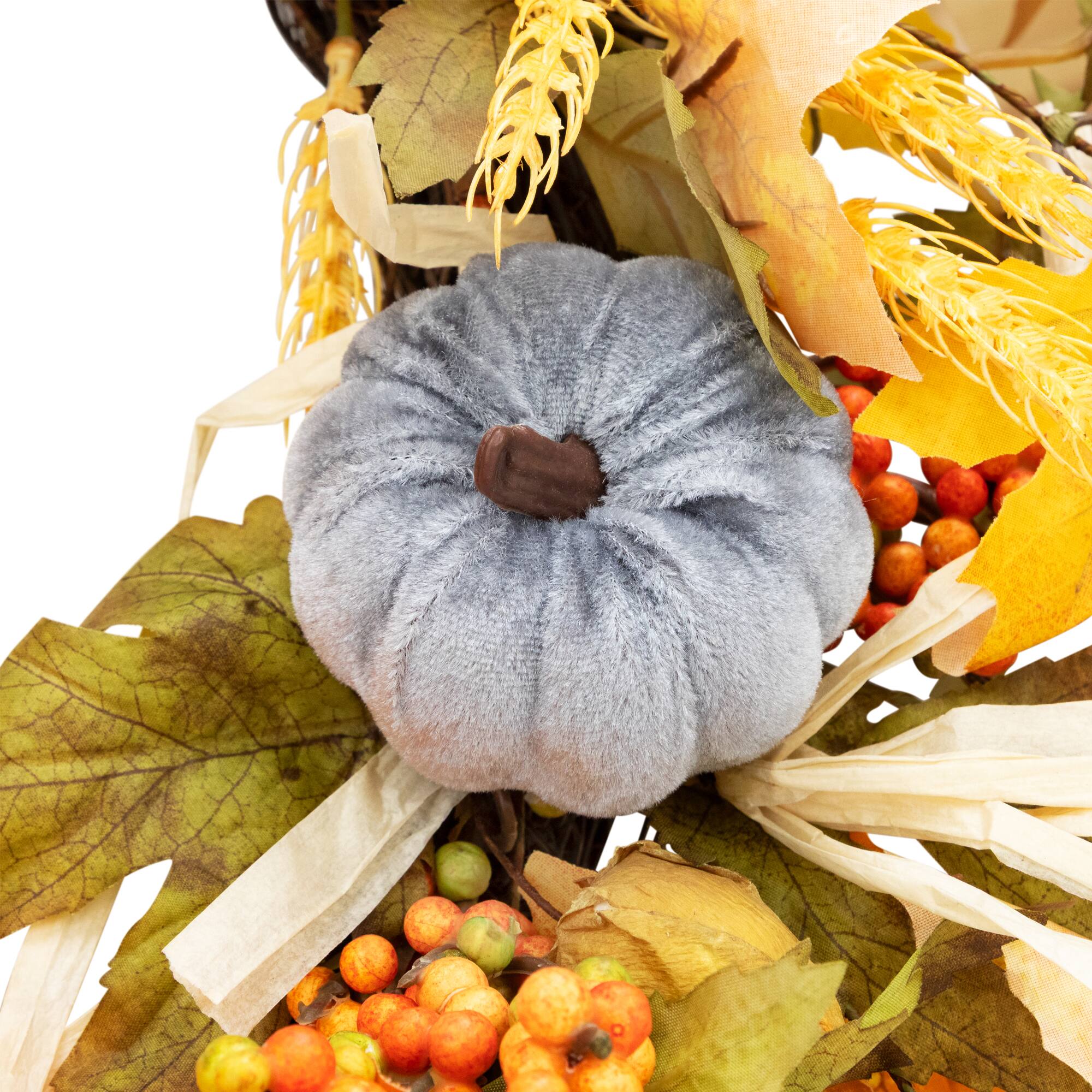 24" Velvet Pumpkins & Wheat Fall Harvest Wreath