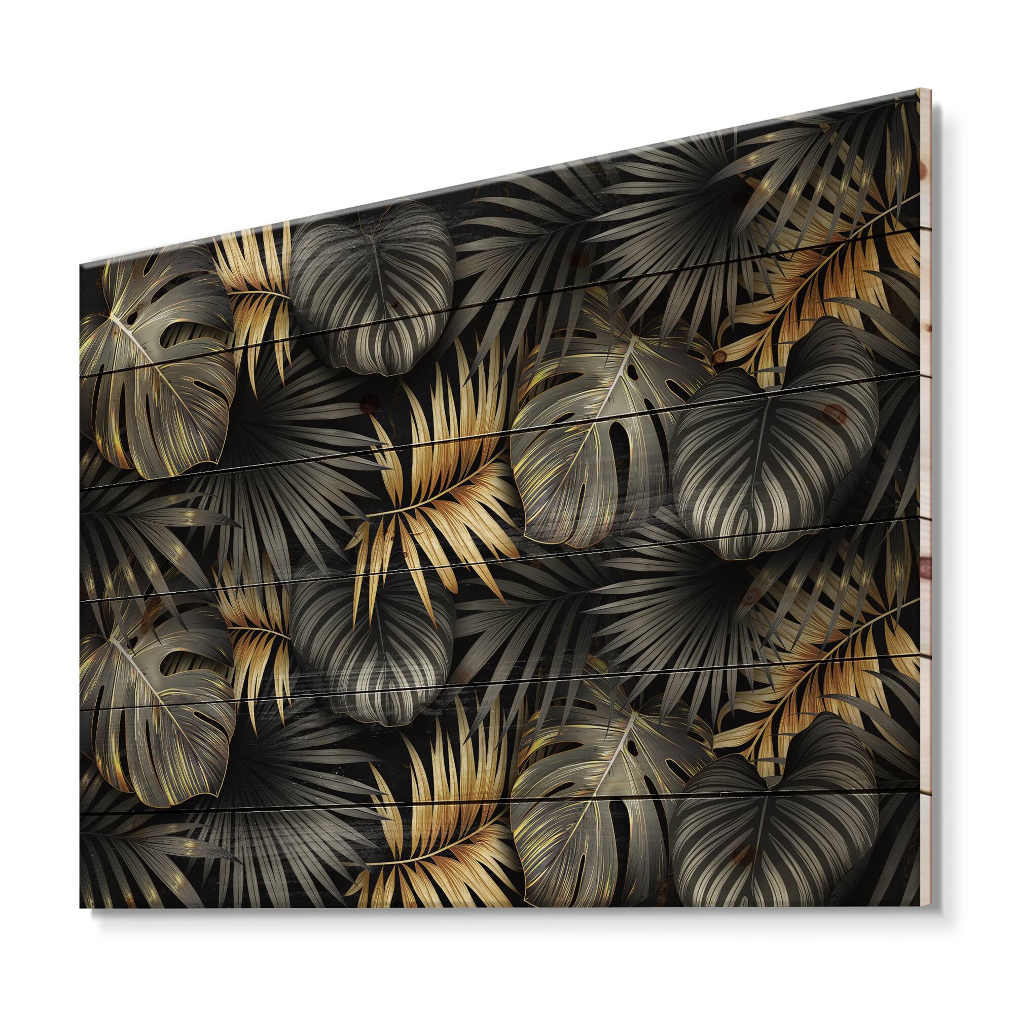 Designart - Black and Gold Tropical Leaves II - Modern Print on Natural Pine Wood
