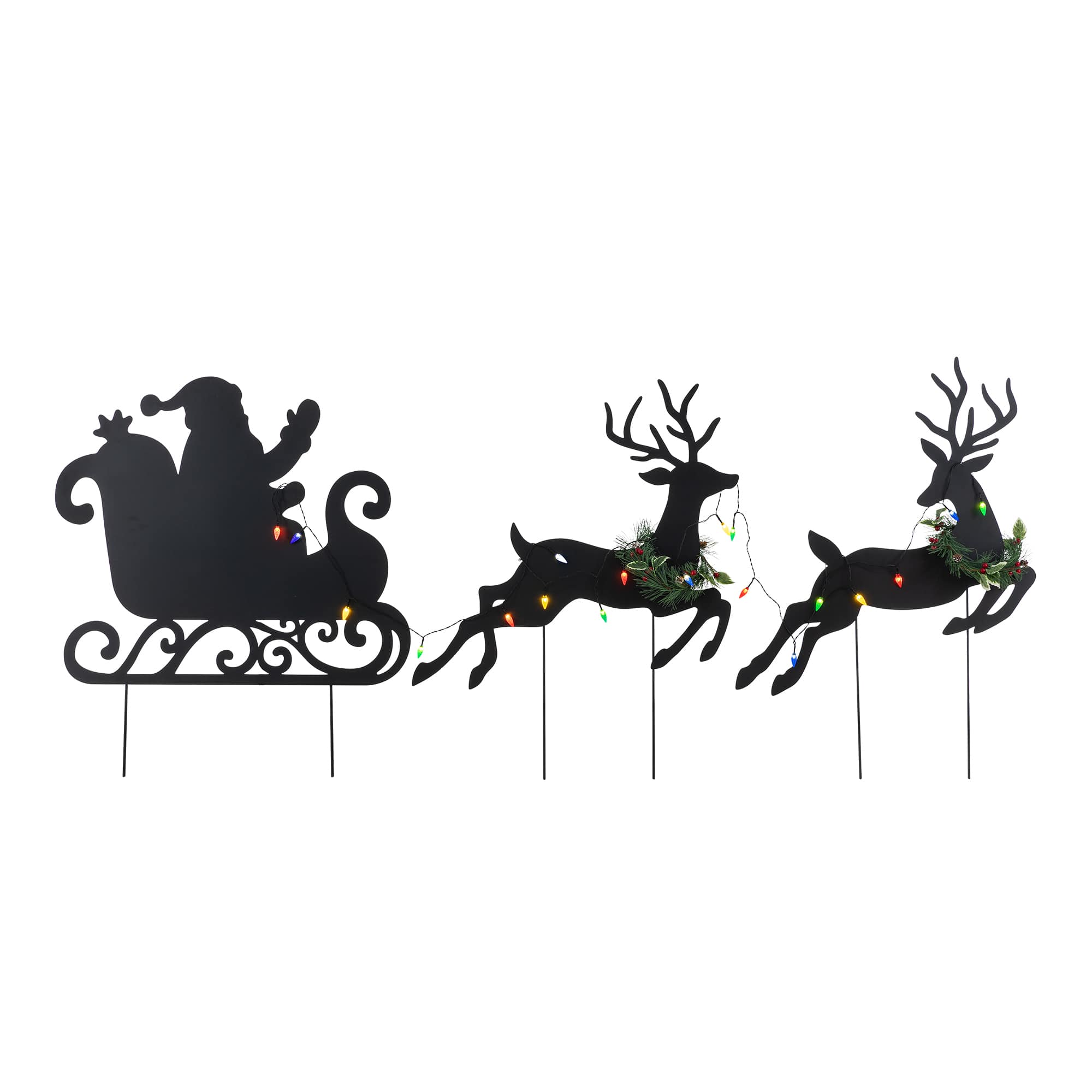 Glitzhome® 36" Set of 3 Christmas Lighted Metal Reindeer & Santa Sleigh Yard Stake with Timer