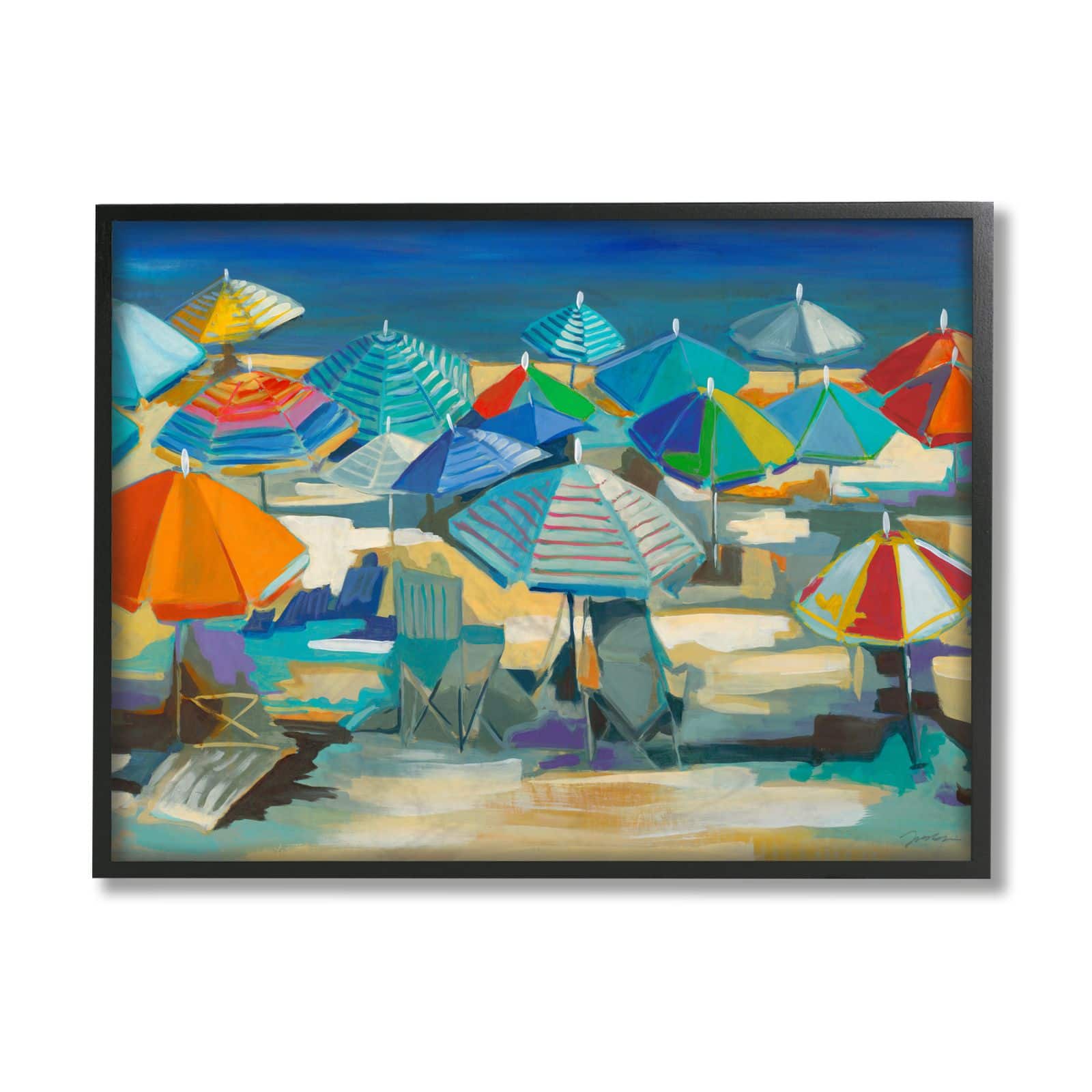 Stupell Industries Colorful Beach Umbrella Landscape Nautical Deep Blue Framed Wall Art
