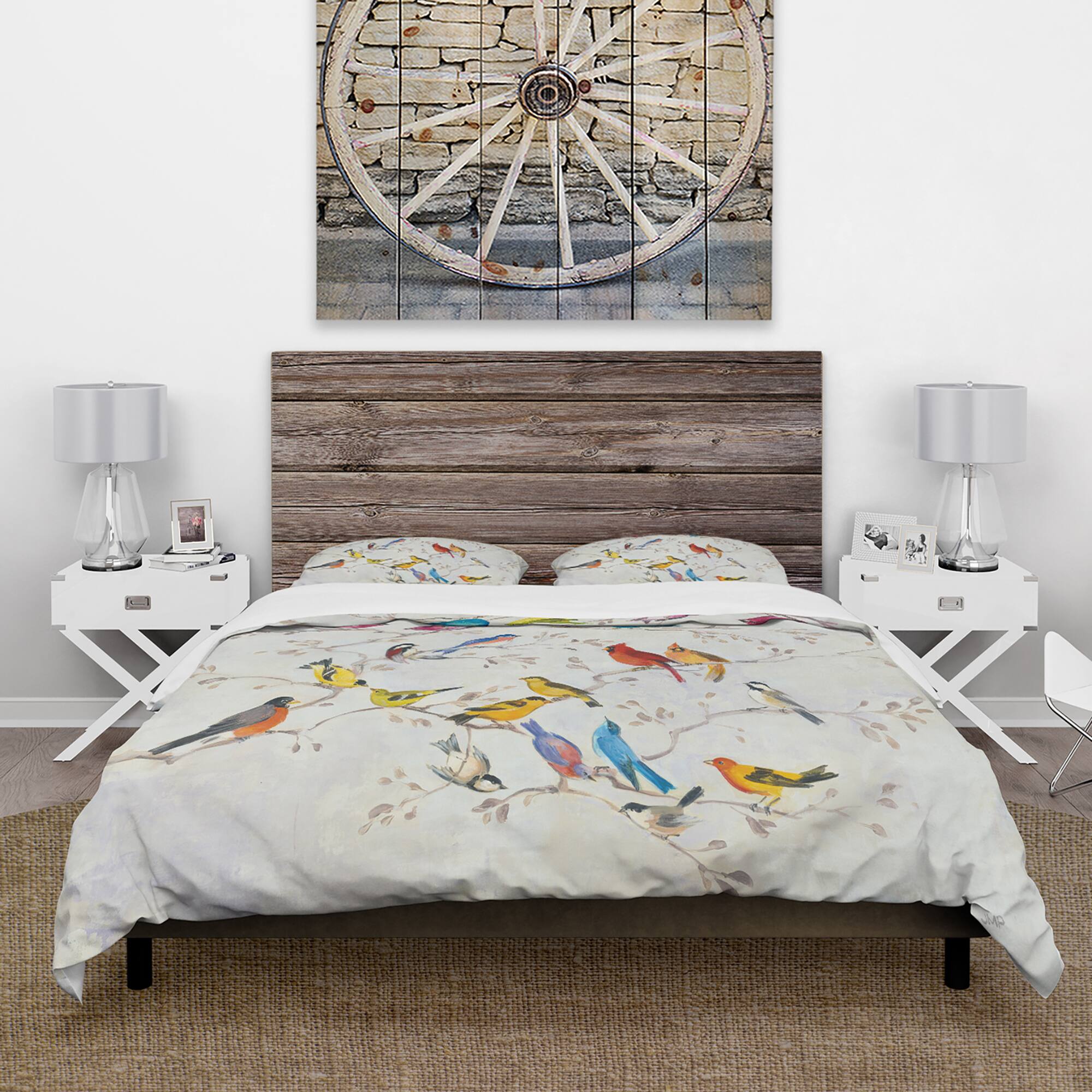 Designart 'Multi-Color Bird on Tree' Traditional Bedding Set - Duvet Cover & Shams