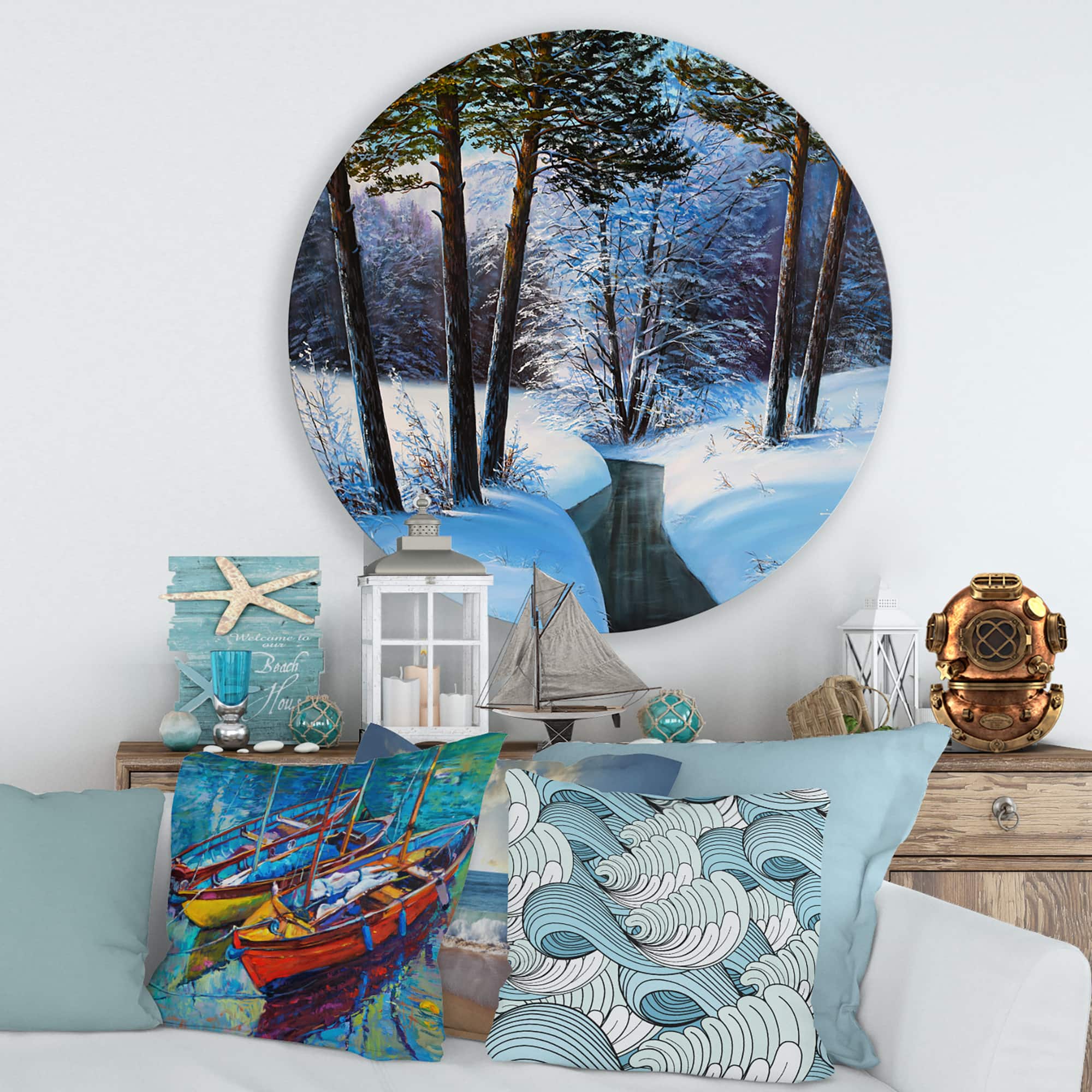 Designart - Christmas Forest With River and Trees III - Traditional Metal Circle Wall Art