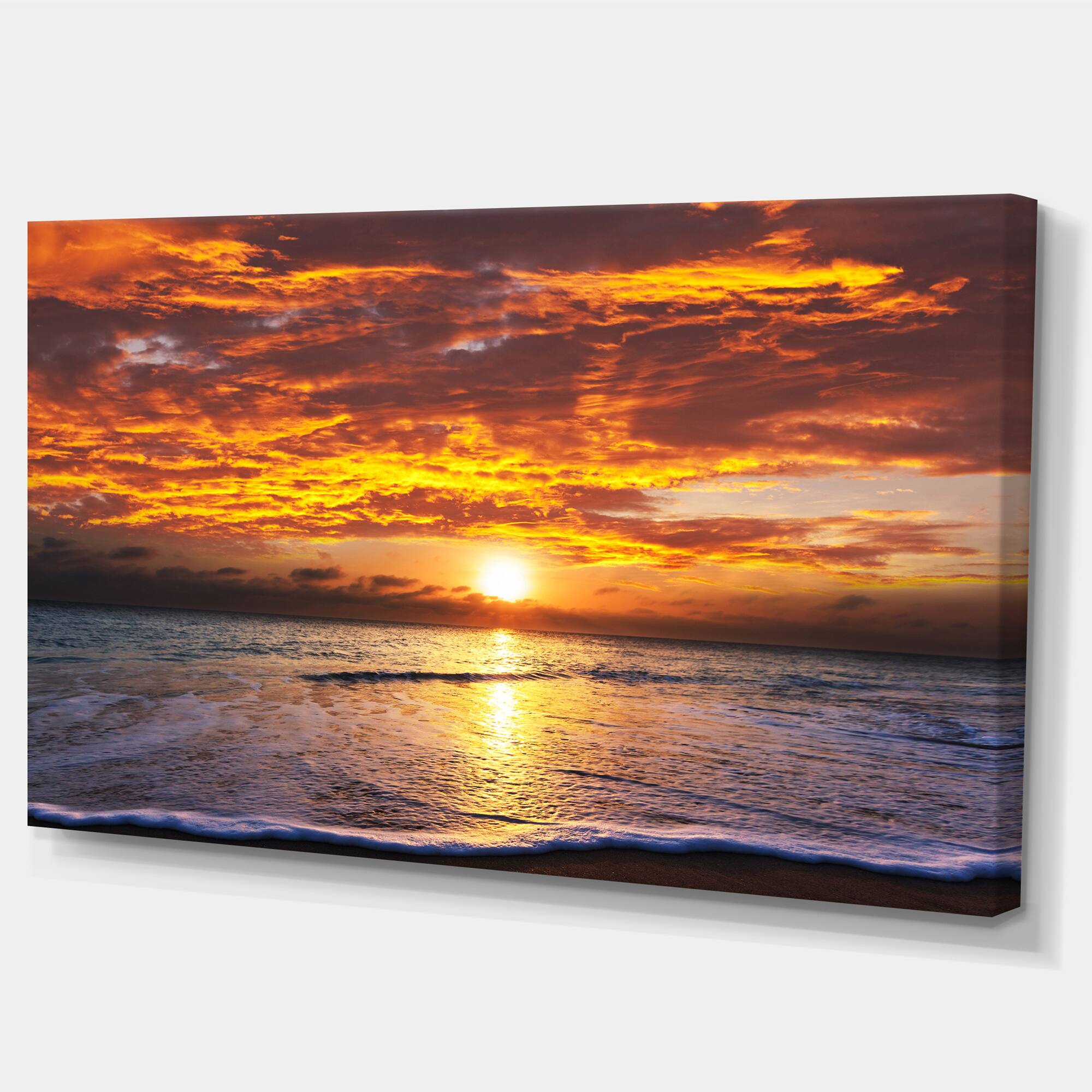 Designart - Yellow Sunset above Foaming Waves - Modern Beach Canvas Art Print