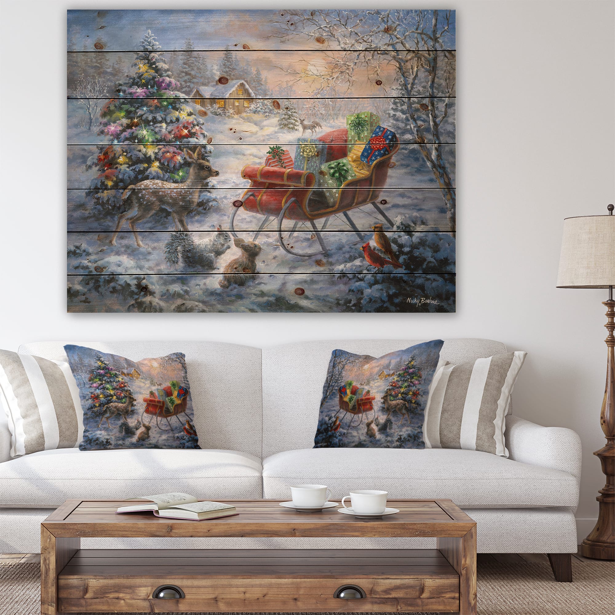 Designart Christmas Tree with Sleigh Print on Natural Pine Wood