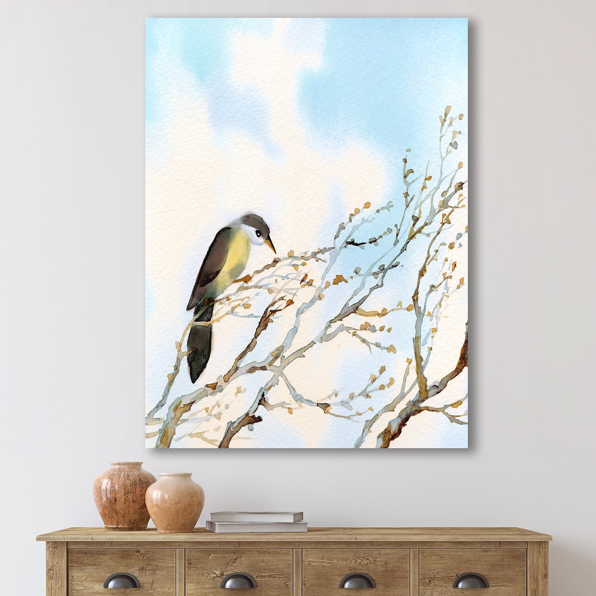 Designart - Bird On Old Bare Tree With Blue Cloudy Sky