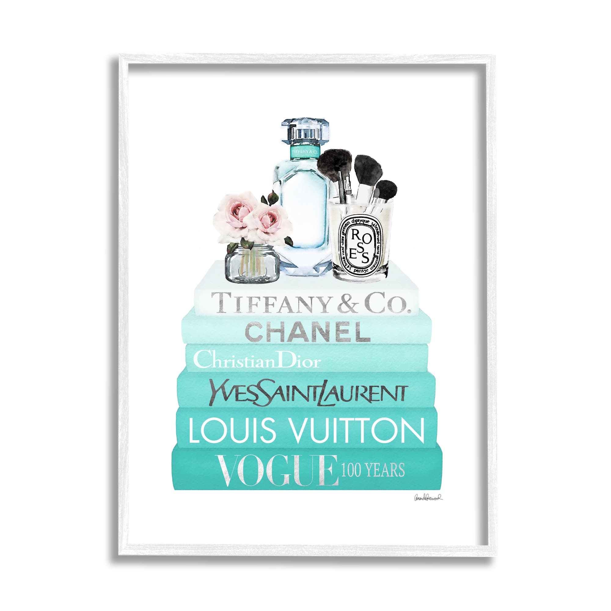Stupell Industries Glam Fashion Cosmetics Soft Roses Blue Bookstack Framed Wall Art