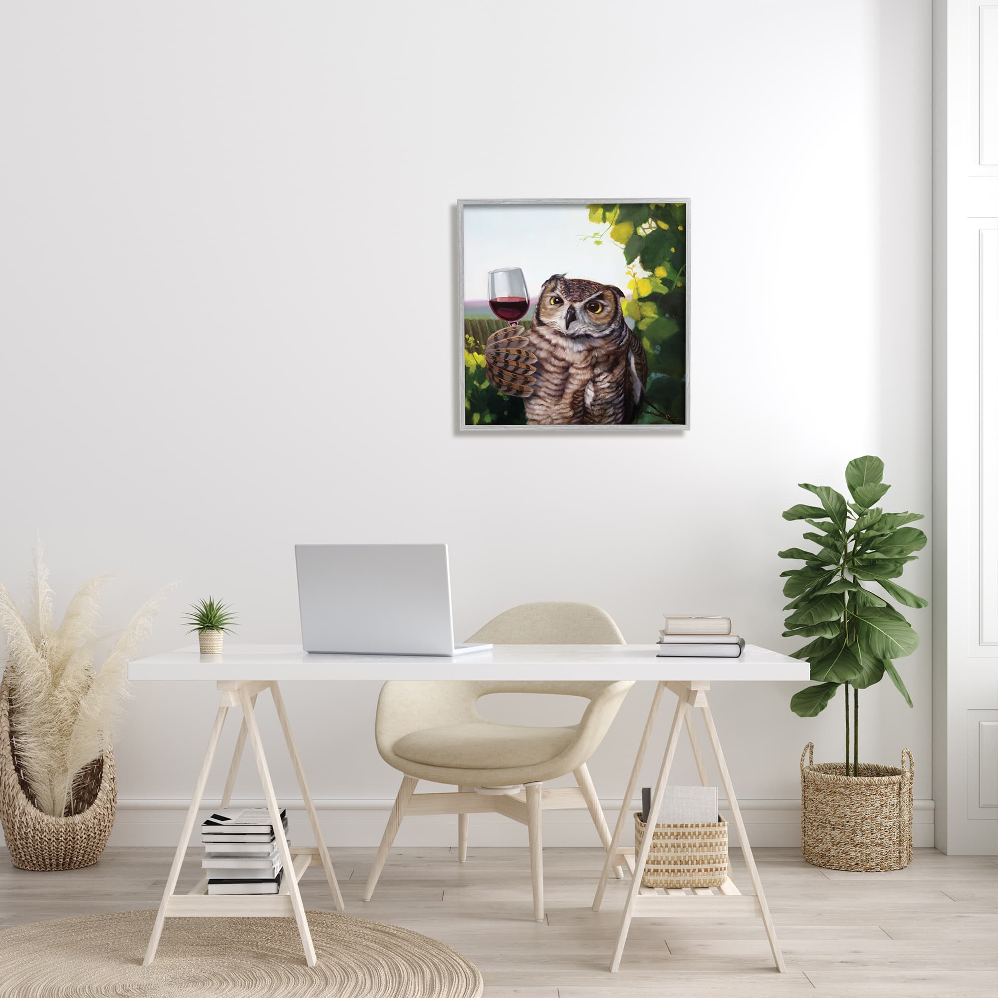 Stupell Industries Great Horned Owl Drinking Wine Framed Wall Art