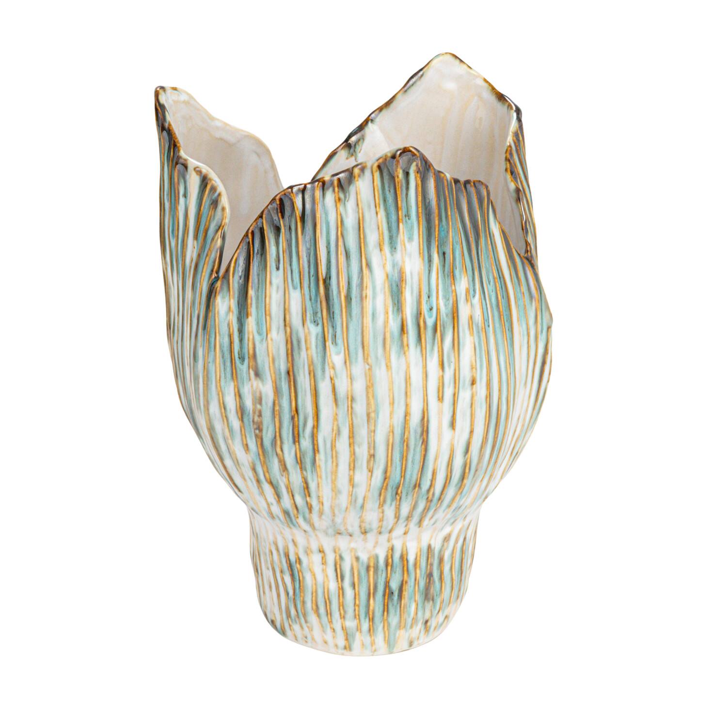 Hello Honey® 12" Green & White Pleated Sculptural Stoneware Vase with Reactive Glaze
