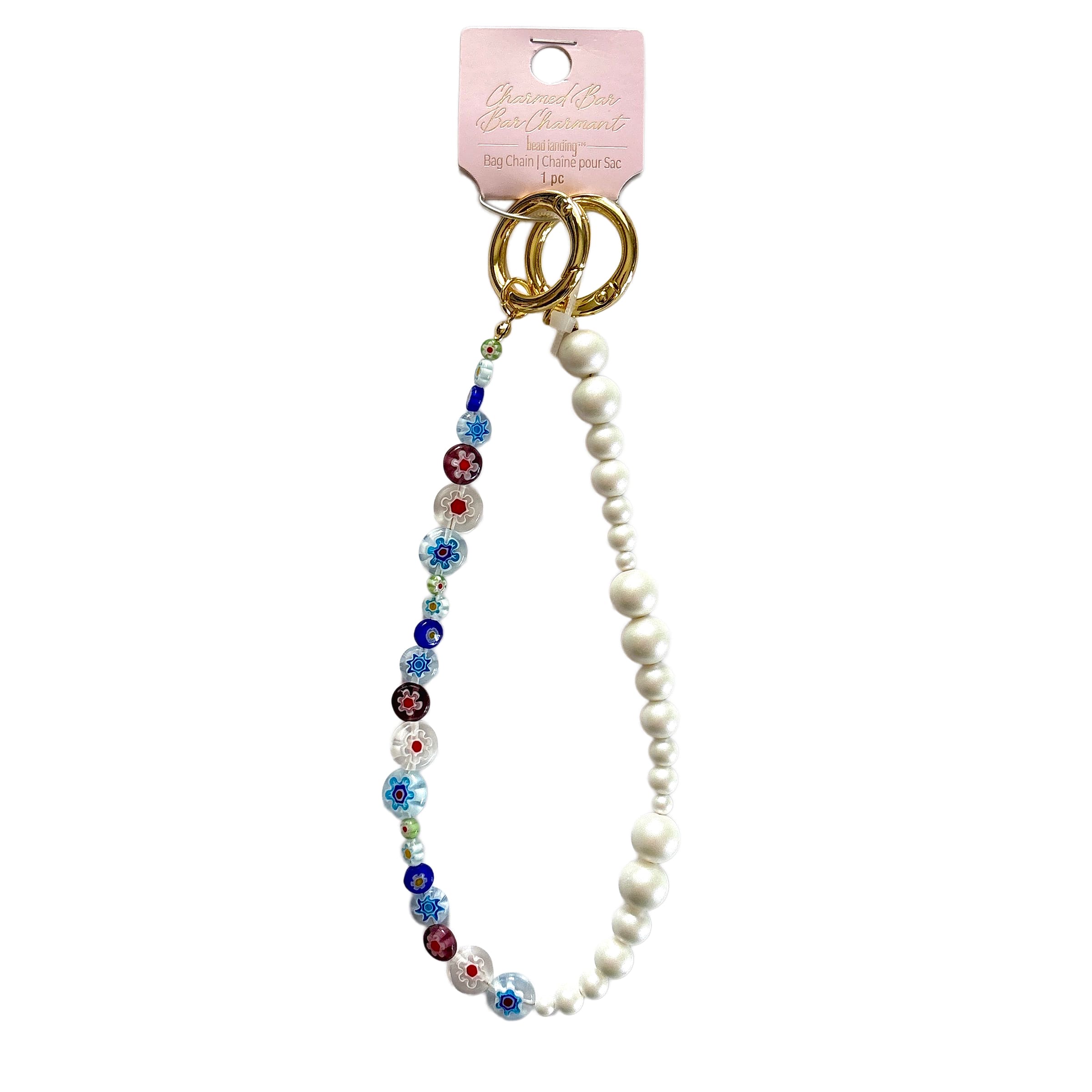 Charmed Bar Glass Flower Bead & White Faux Pearl Bag Chain by Bead Landing™