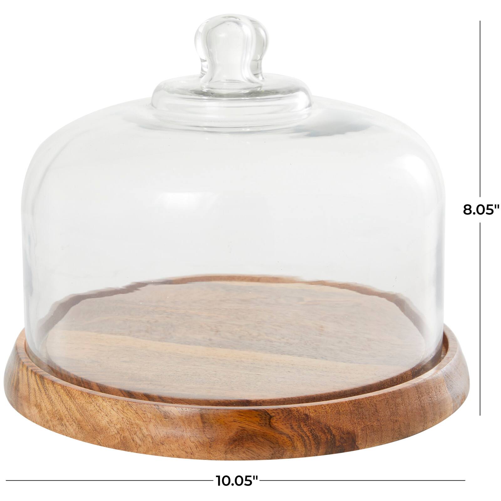 10" Brown Mango Wood Decorative Cake Stand with Glass Cloche