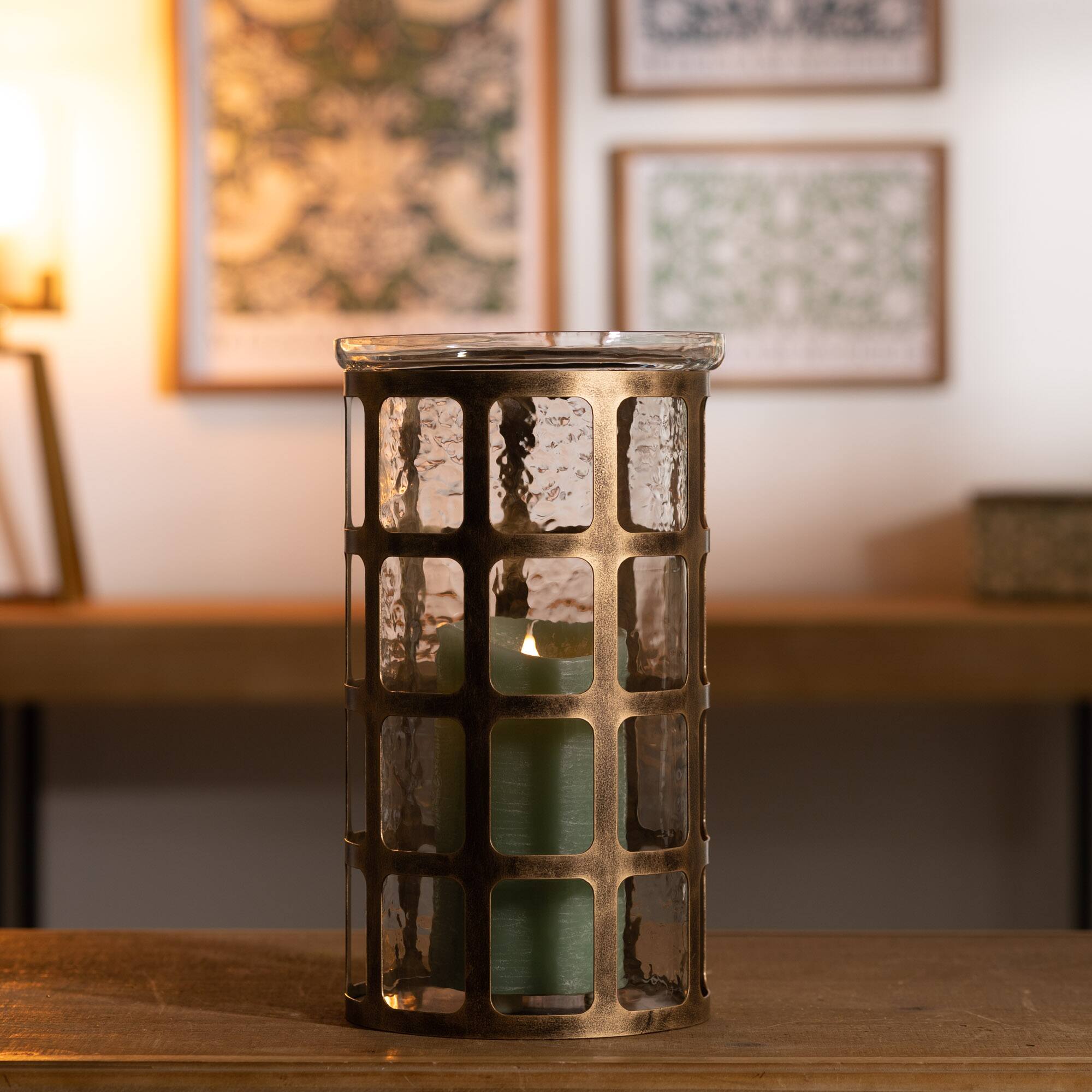 12.5" Wavy Glass Candle Holder with Distressed Metal Frame