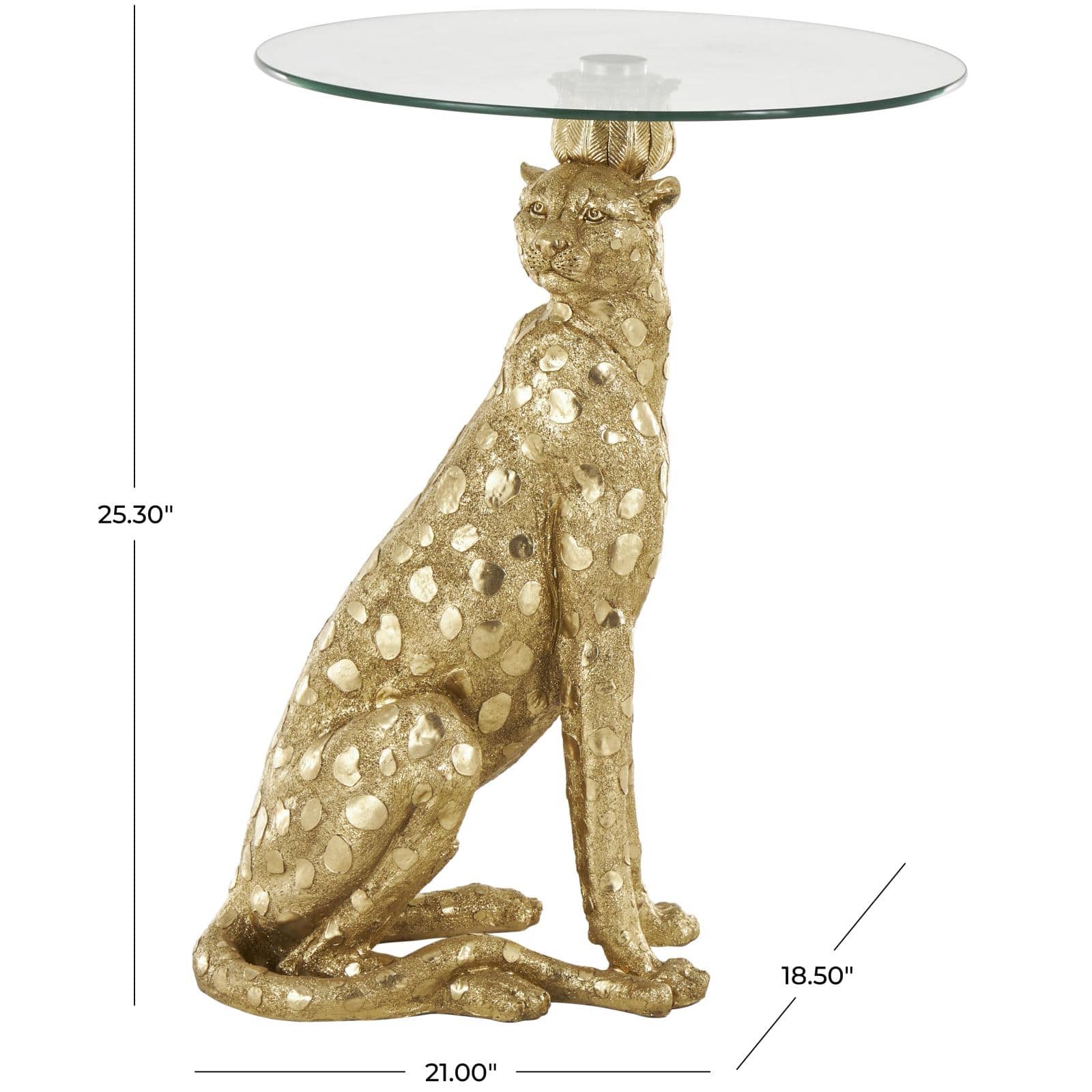21" x 25" Gold Resin Leopard Sitting Metallic Accent Table with Round Glass Tabletop