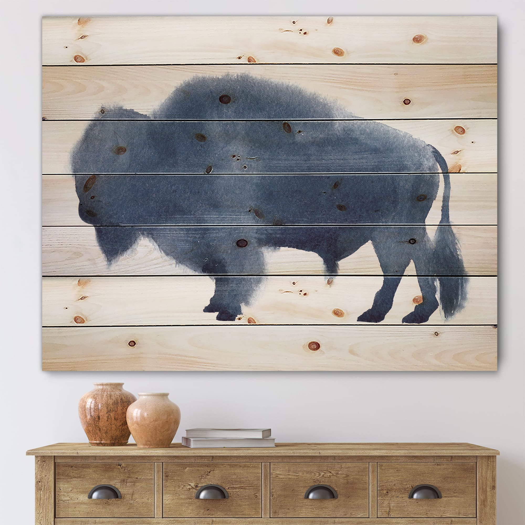 Designart - Navy Blue Bison Silhouette - Farmhouse Print on Natural Pine Wood