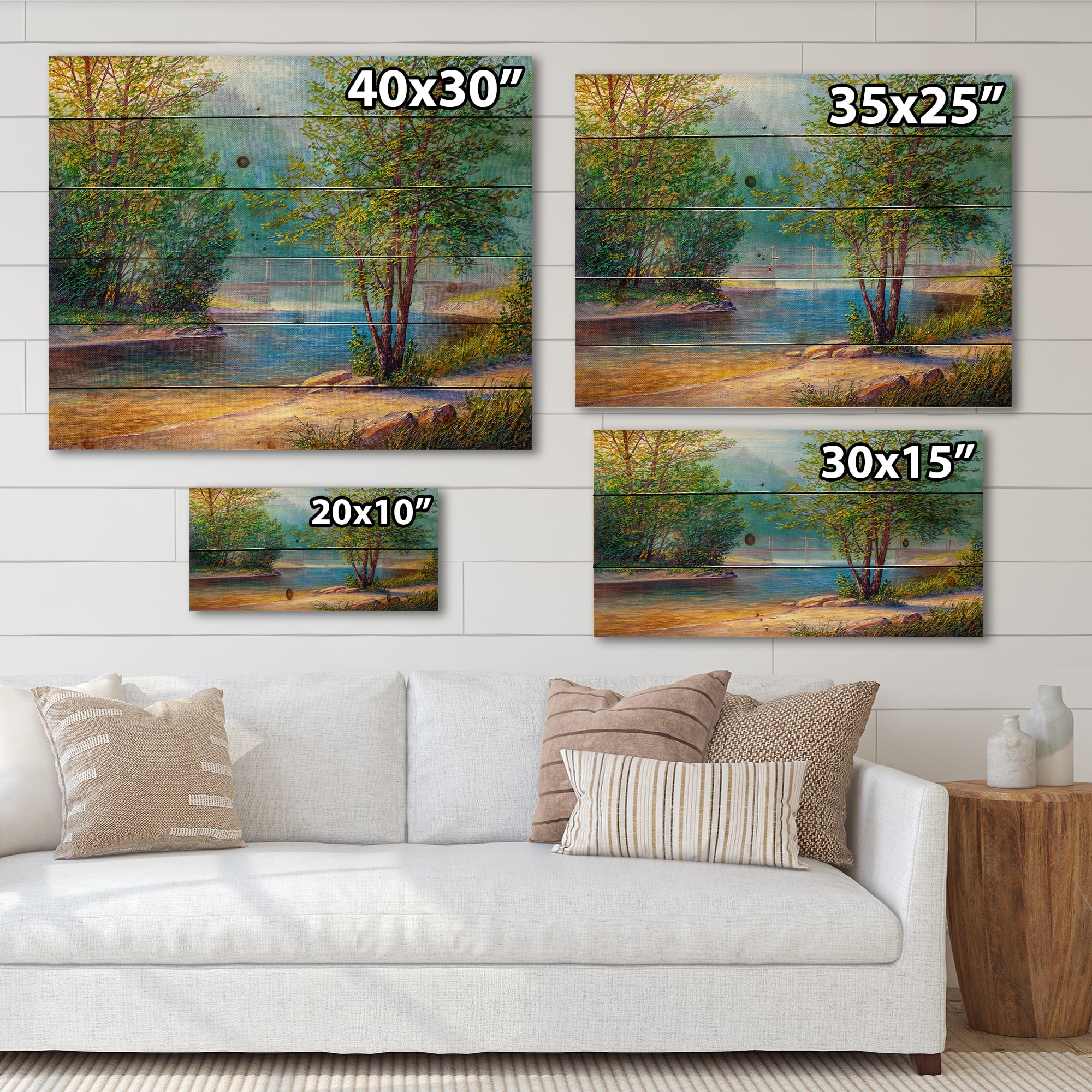 Designart - Green Trees By The Riverside - Traditional Print on Natural Pine Wood