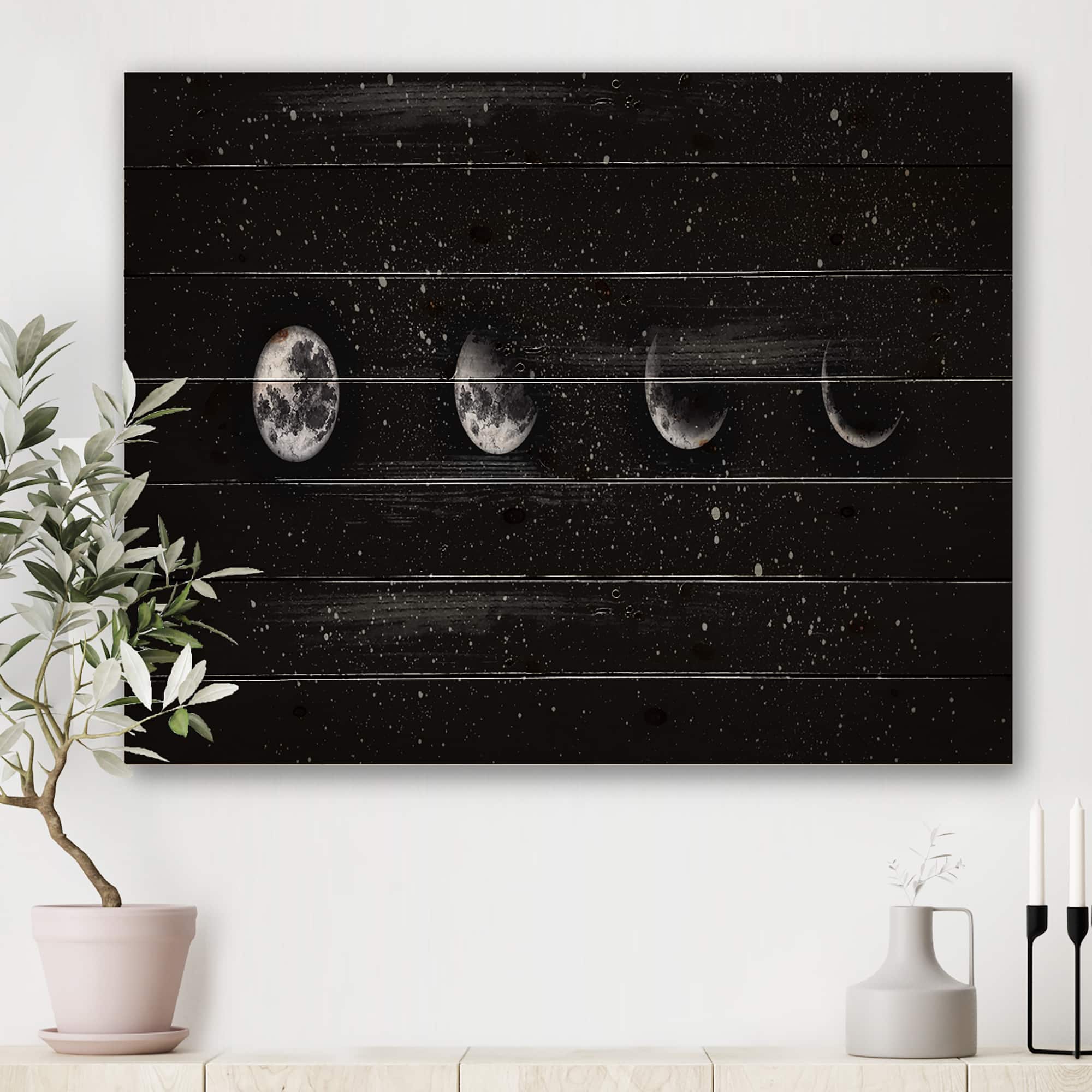 Designart - Moon Phases In The Night Sky - Modern Print on Natural Pine Wood