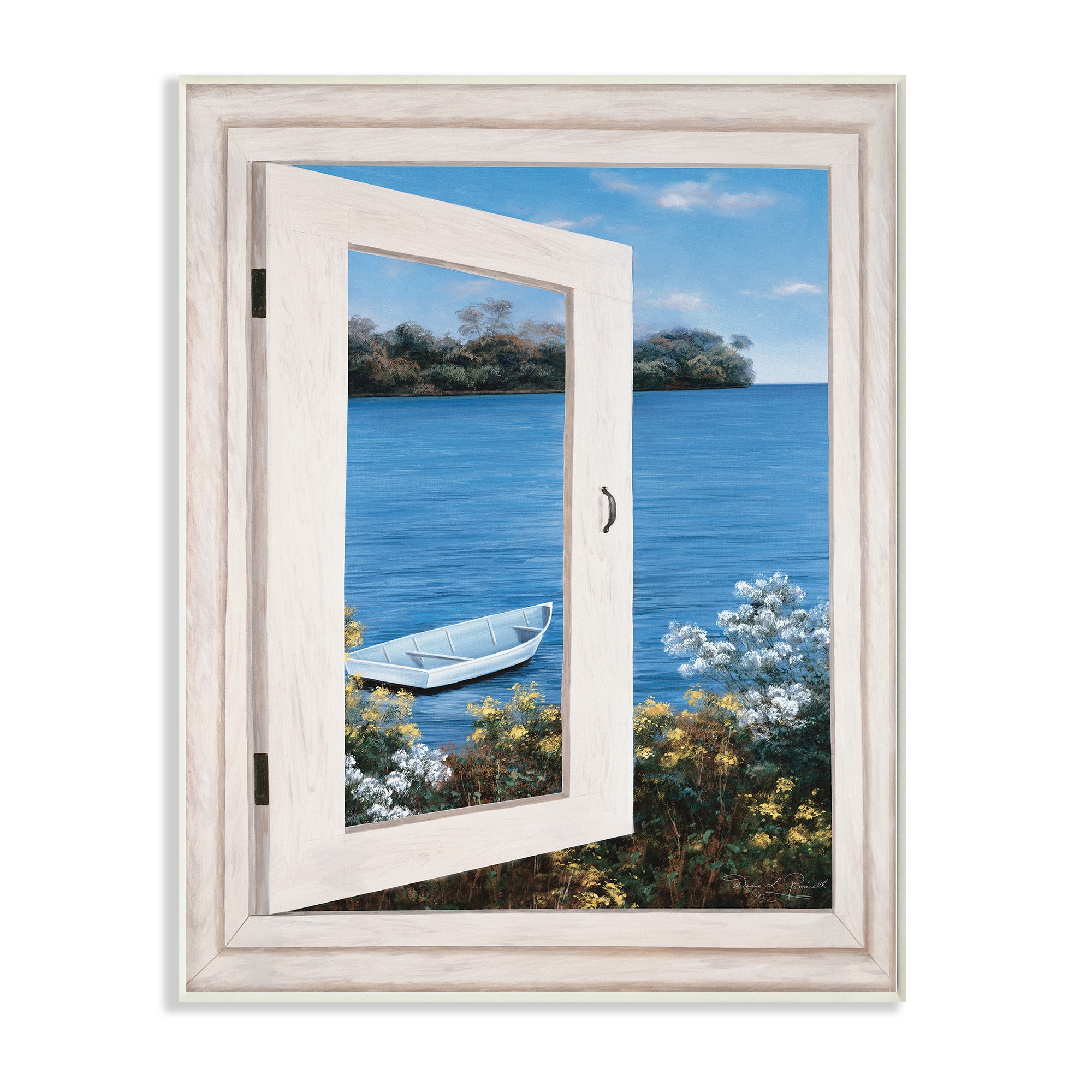 Stupell Industries Lakefront Window Charming Floral Island Boat Wall Plaque