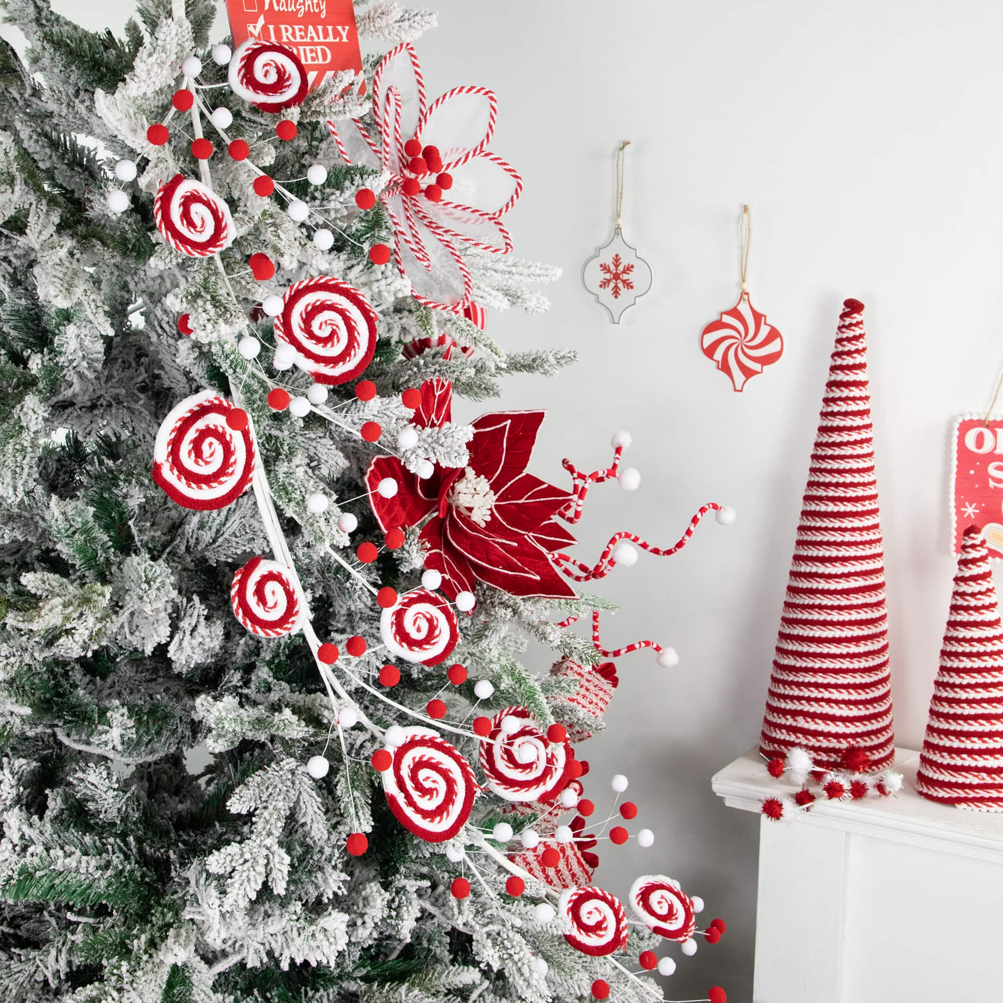 2.5ft. Red & White Striped Candy Cane Swirls and Pom Poms Christmas Garland