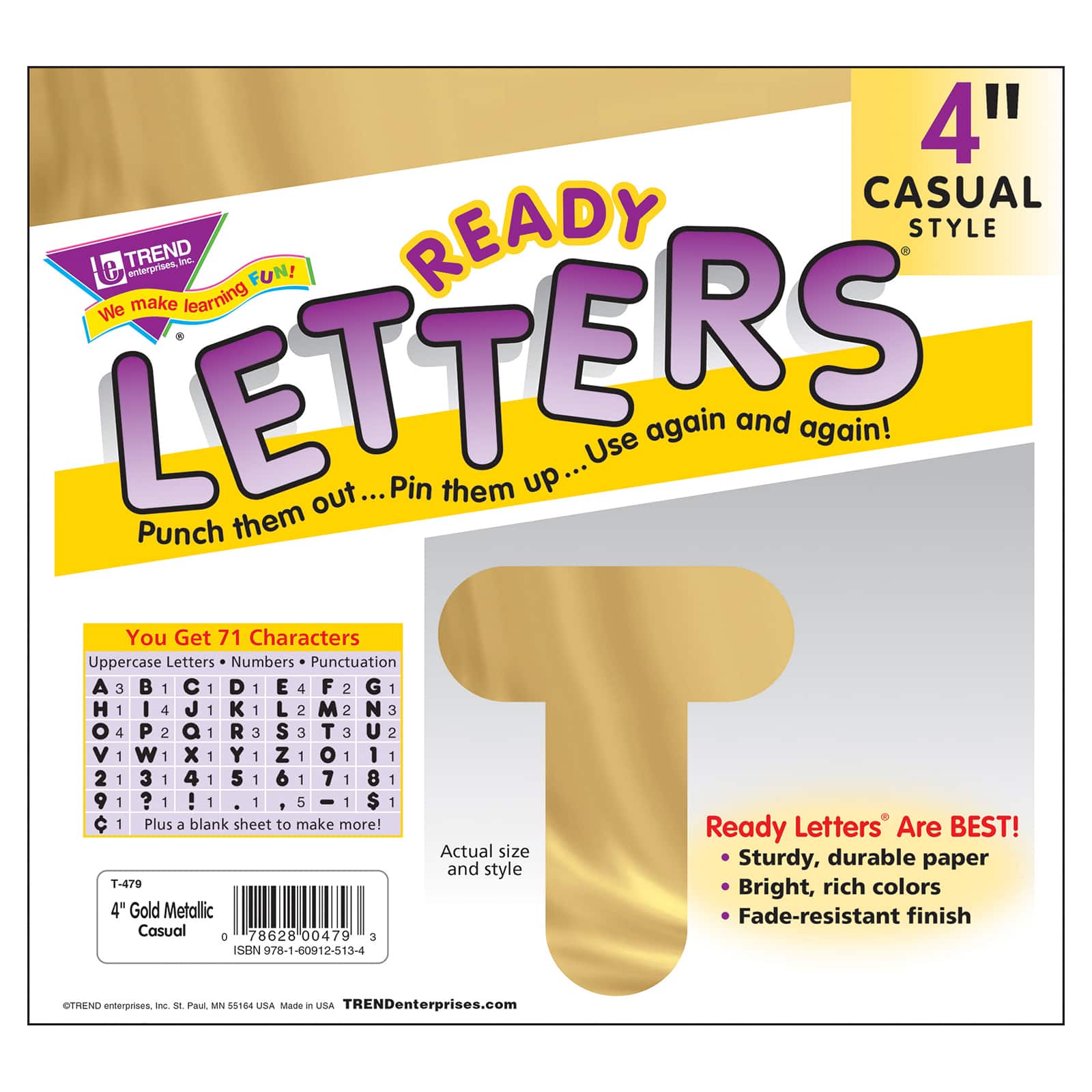 Trend Gold Metallic 4" Casual Uppercase Ready Letters®, 3 Pack