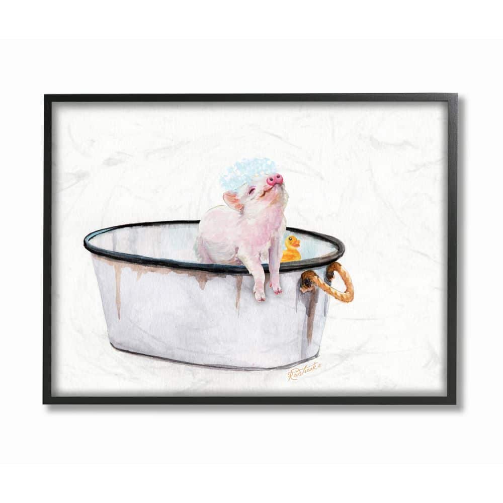 Stupell Industries Piggy Bath with Rubber Ducky Adorable Farm Animal in Black Frame Wall Art