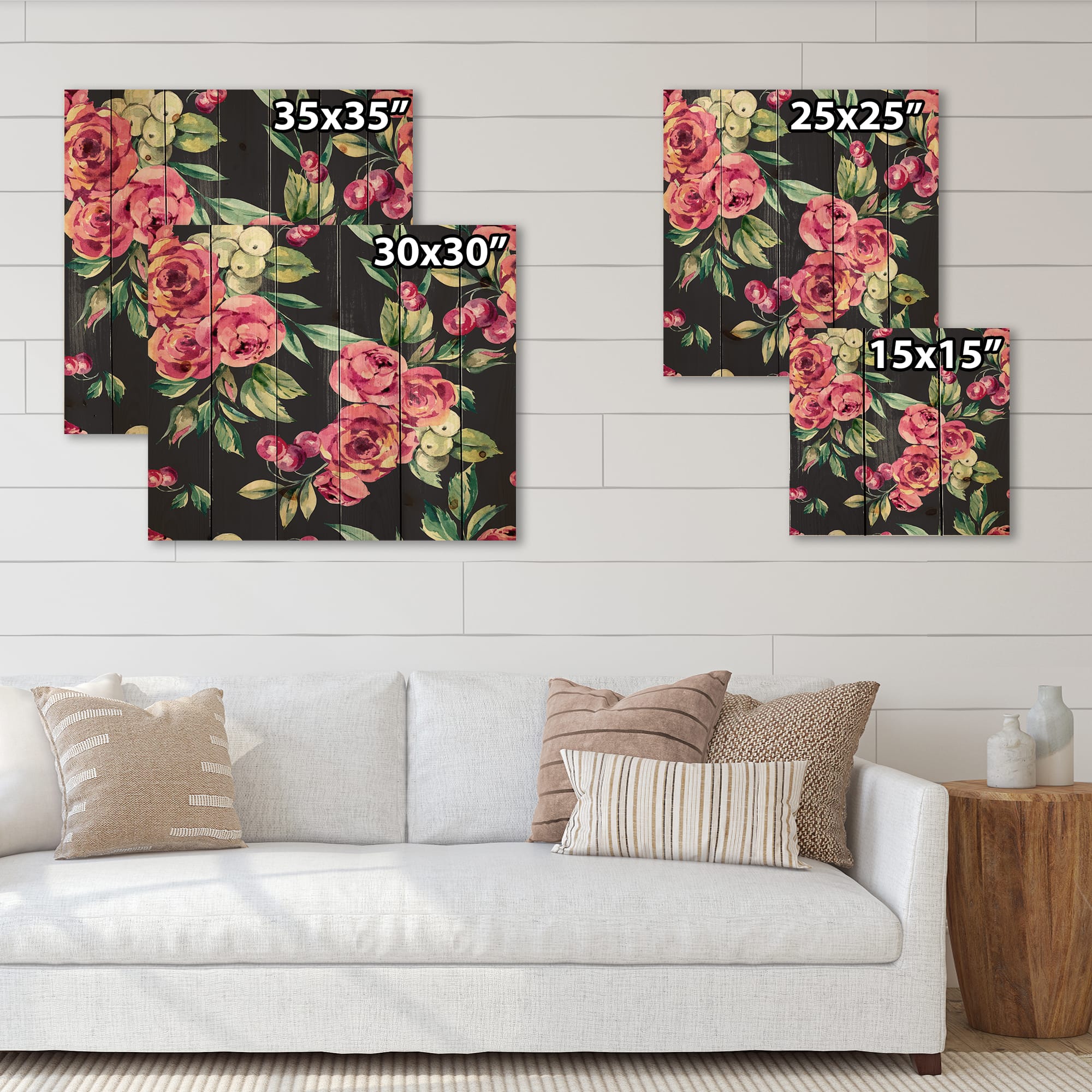 Designart - Red VIntage Roses and Berries On Black - Farmhouse Print on Natural Pine Wood