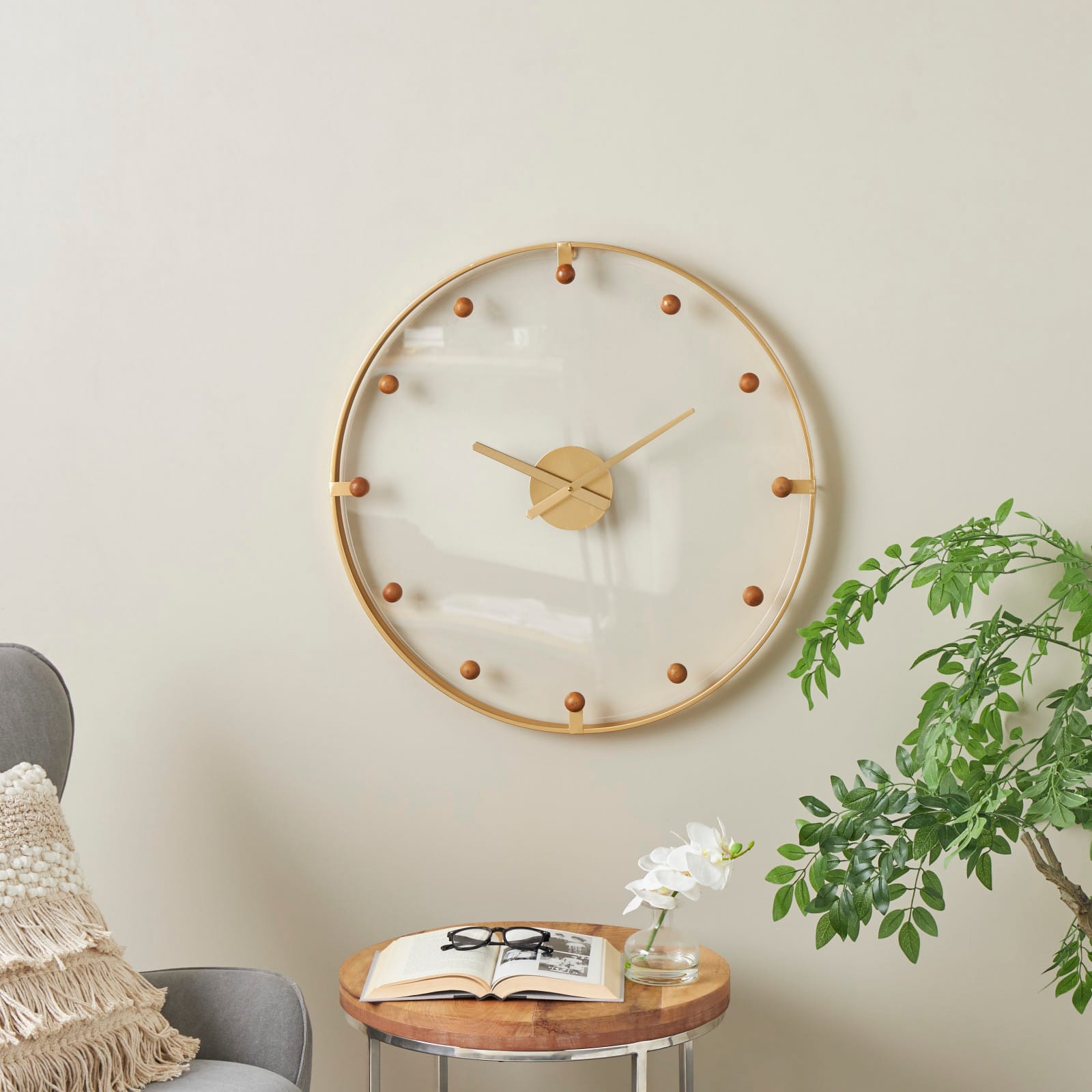 27.5" Gold Metal Decorative Wall Clock with Acrylic Face & Ball Accents