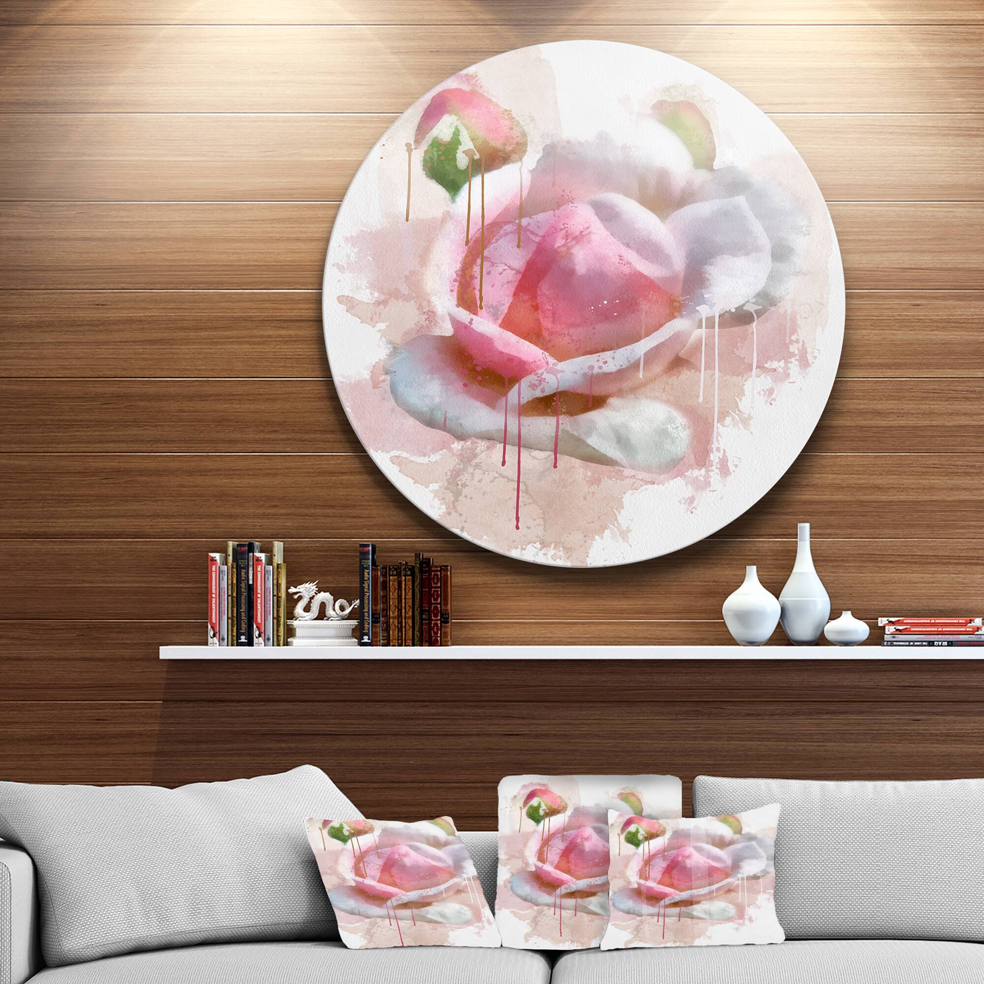 Designart - Pink Rose Flower with Paint Splashes' Large Floral Metal Artwork