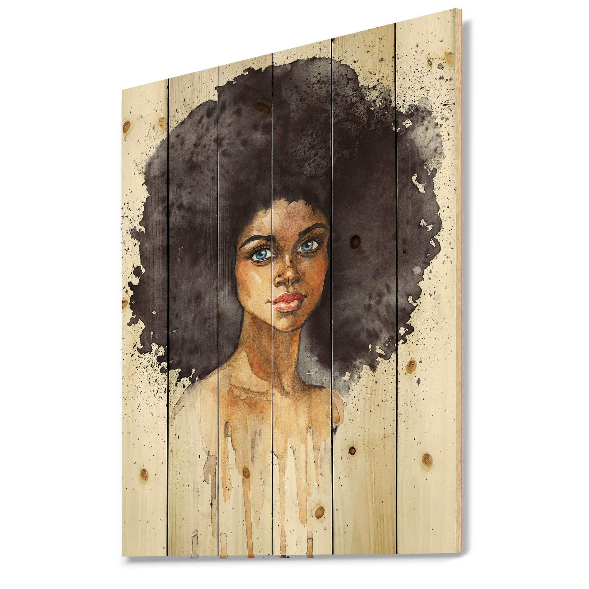 Designart - Portrait of African American Woman X - Modern Print on Natural Pine Wood