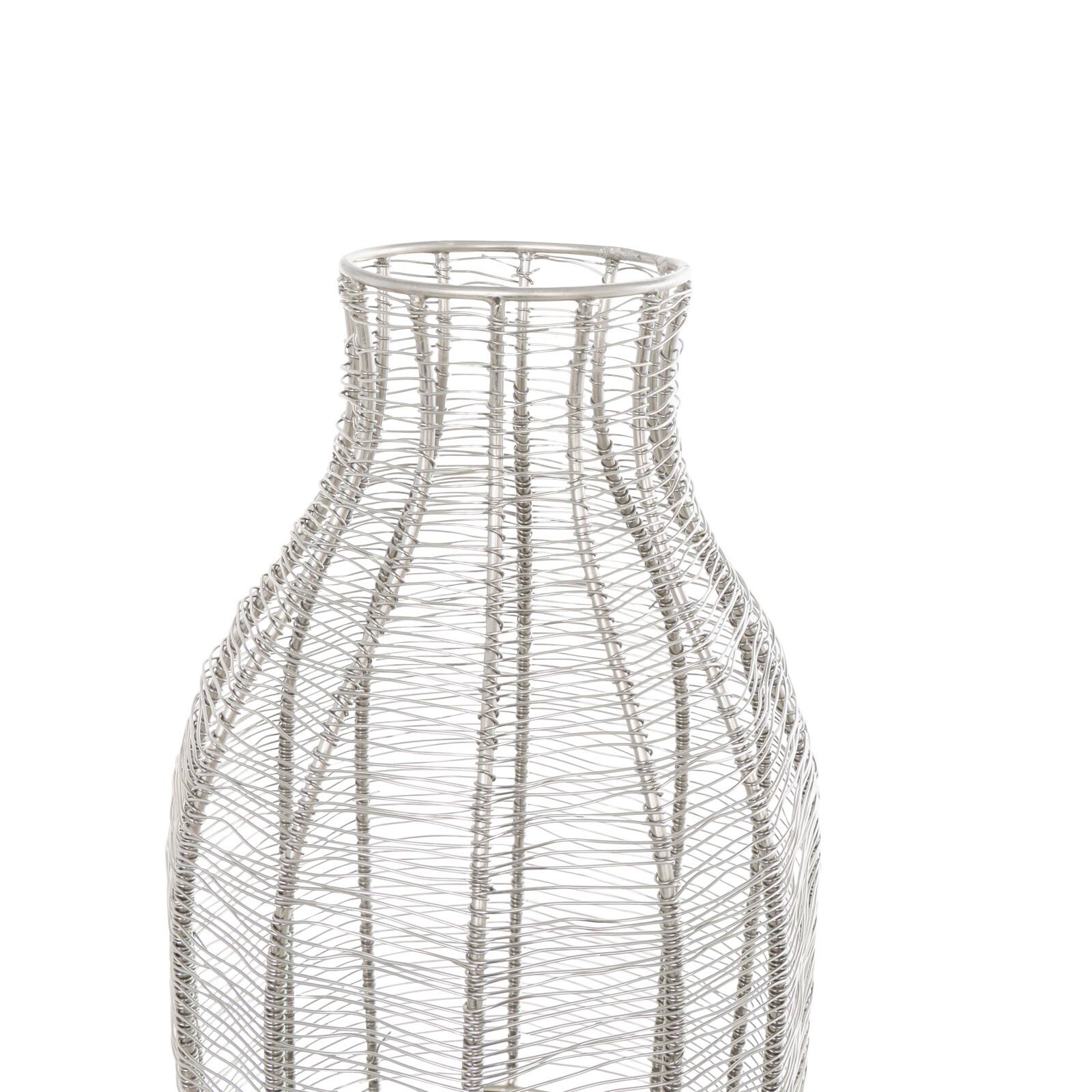 24" Silver Metal Vase with Woven Black Rattan Base