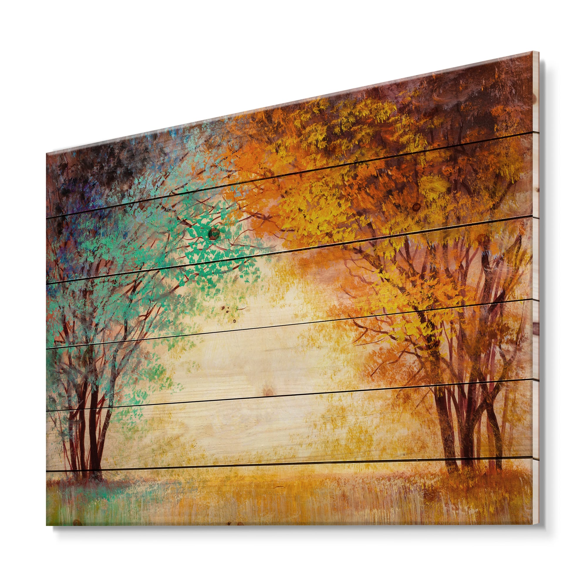Designart - Alley Through The Park In Autumn Sunset - Traditional Print on Natural Pine Wood