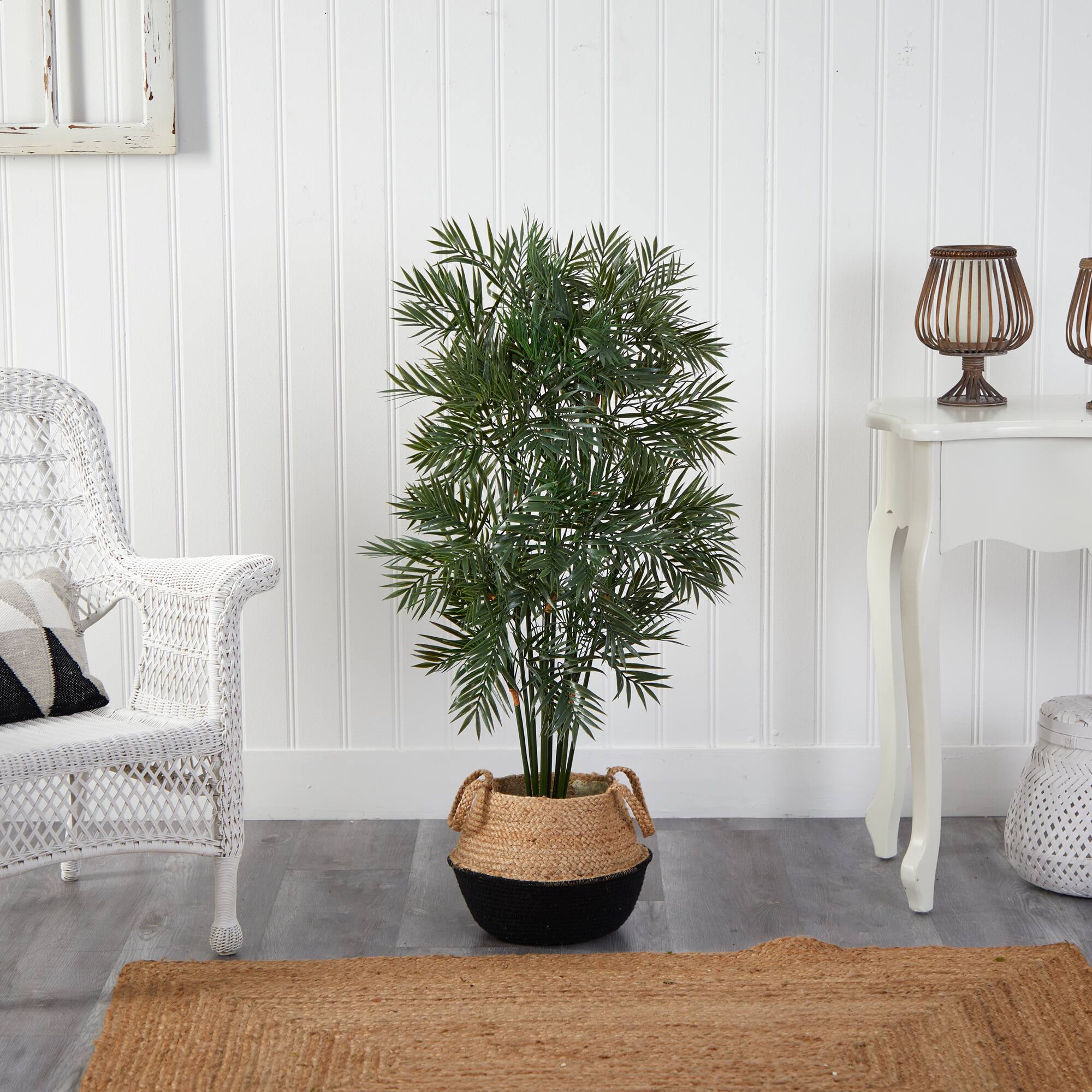 4ft. Parlor Palm Artificial Tree in Boho Chic Handmade Cotton & Jute Black Woven Planter
