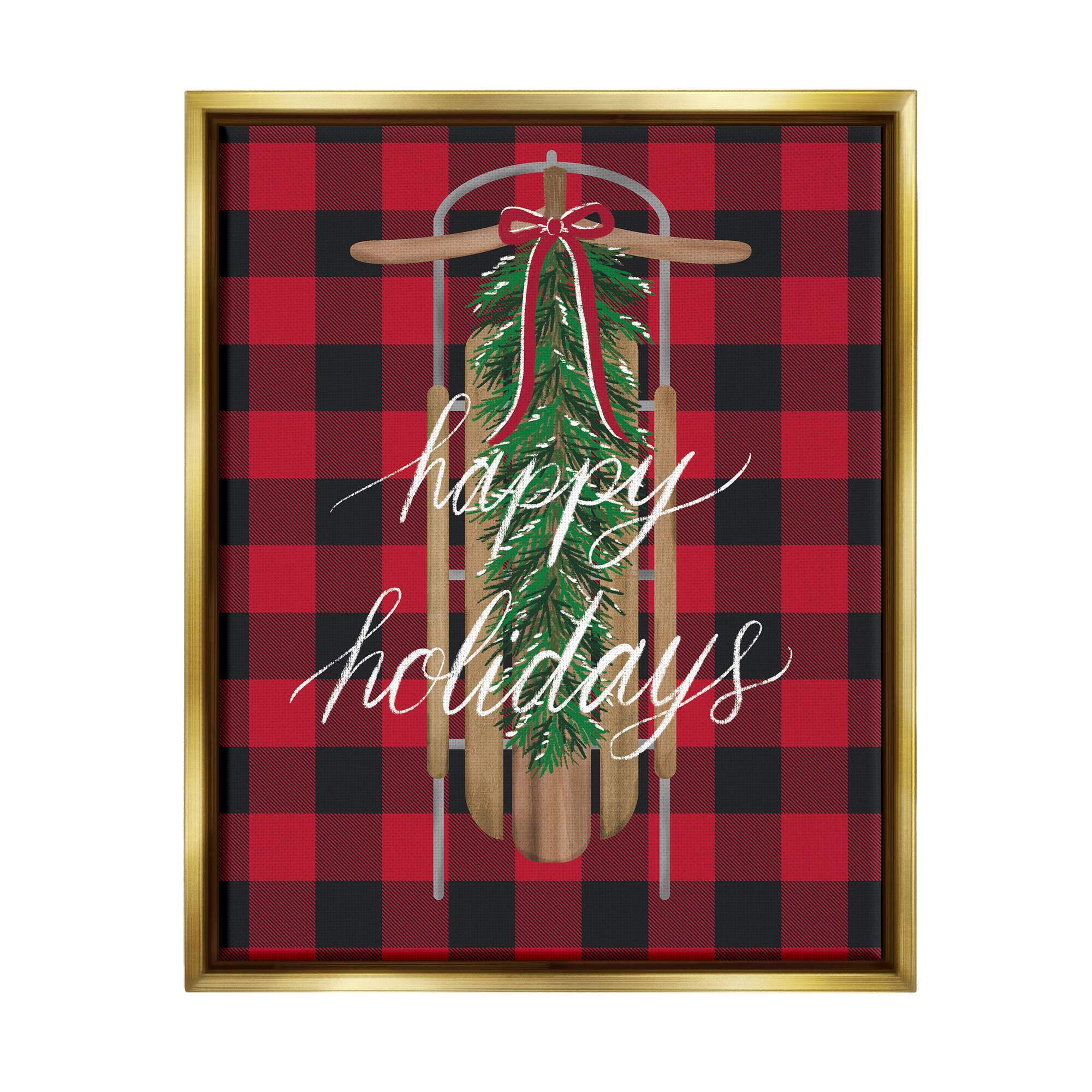 Stupell Industries Happy Holidays Tartan Sled Framed Floater Canvas Wall Art