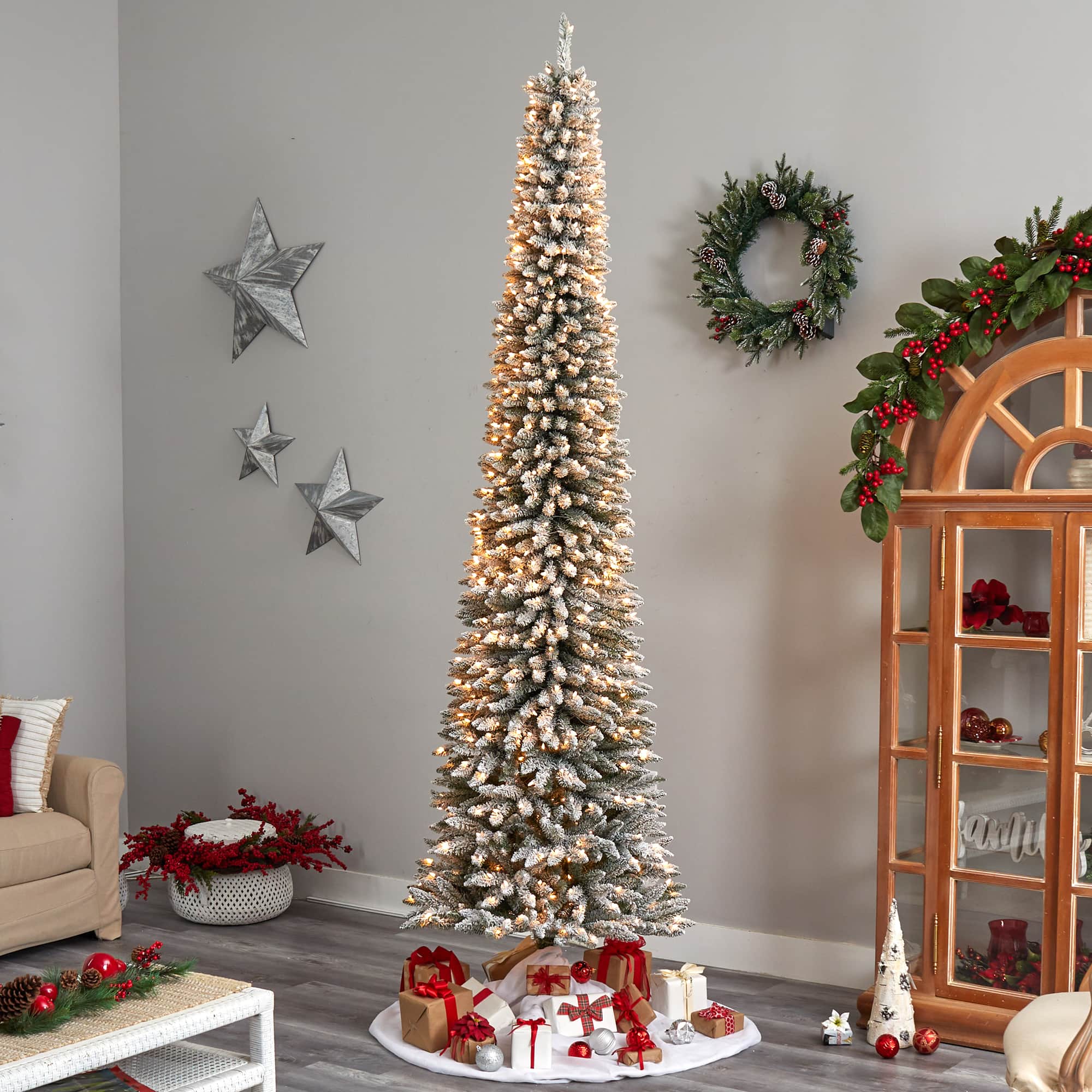 10ft. Pre-Lit Flocked Pencil Artificial Christmas Tree, Clear Lights