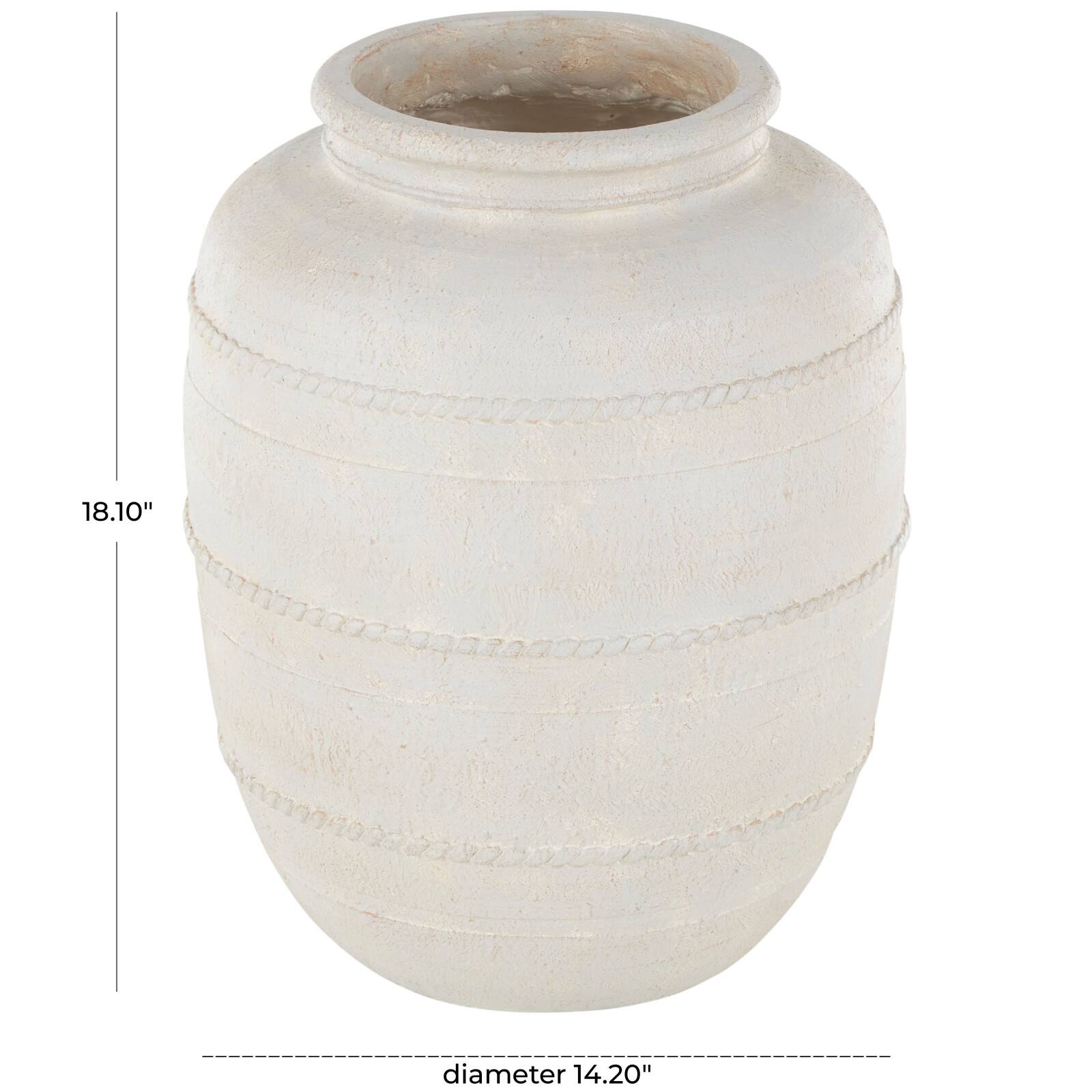 18" Cream Distressed Stone Vase with Raised Braided Accents
