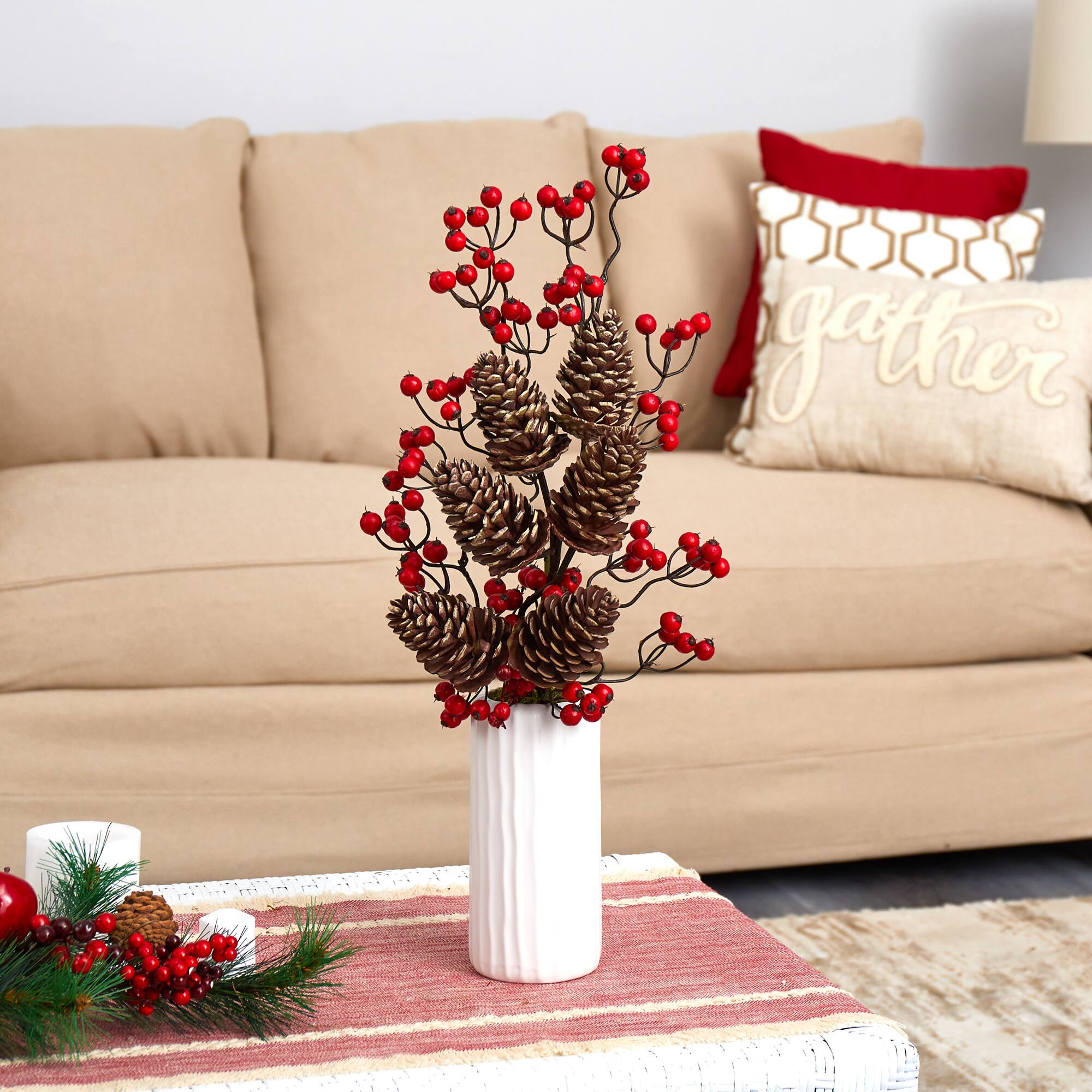 23" Pinecone & Berries Arrangement in White Vase