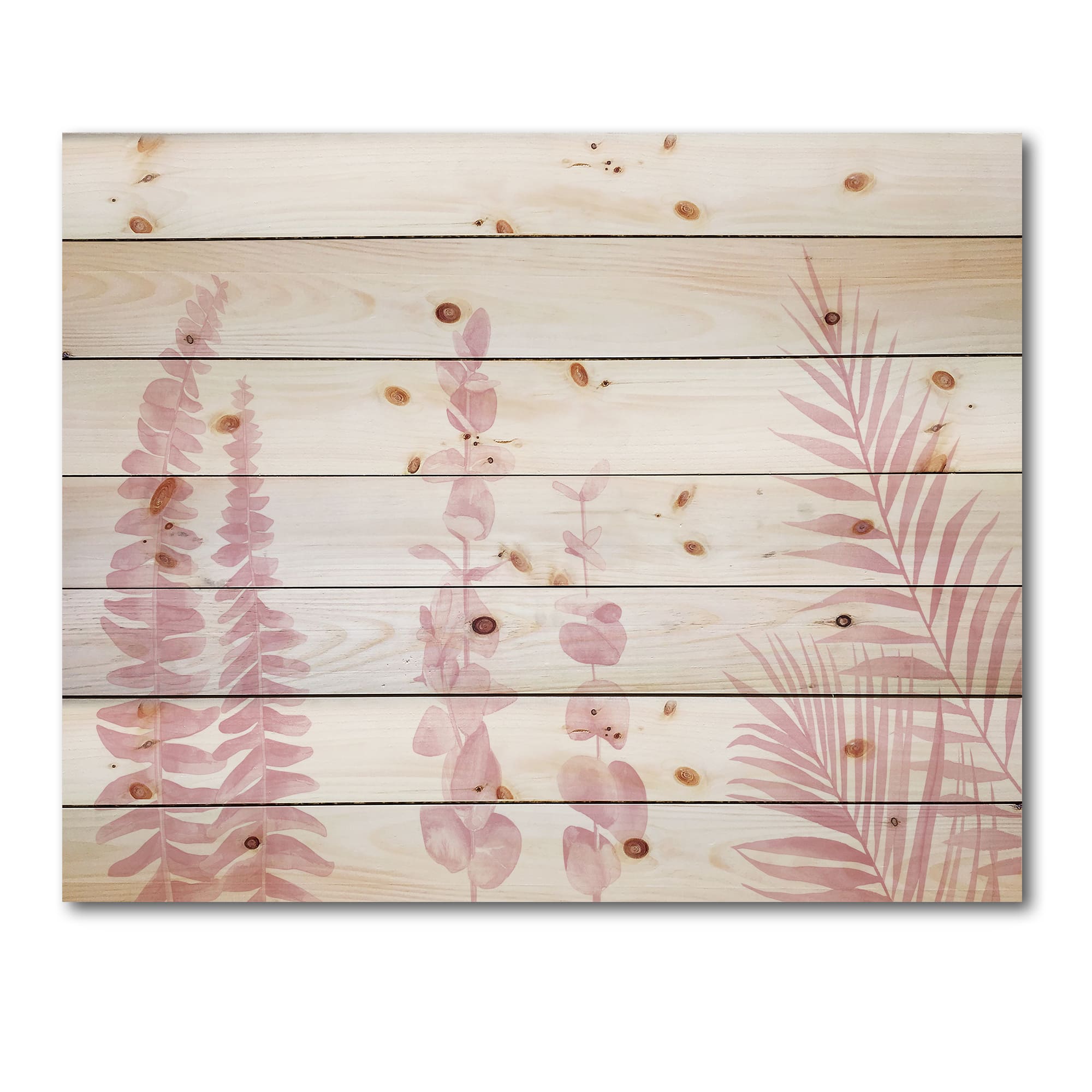 Designart - Blush Pinkeucalyptus and Palm Branches - Shabby Chic Print on Natural Pine Wood
