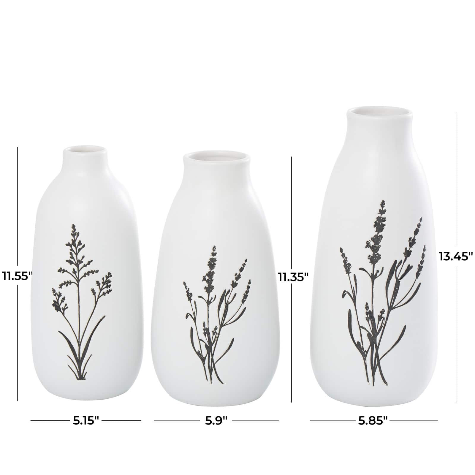 White Ceramic Vase with Black Lavender Prints Set