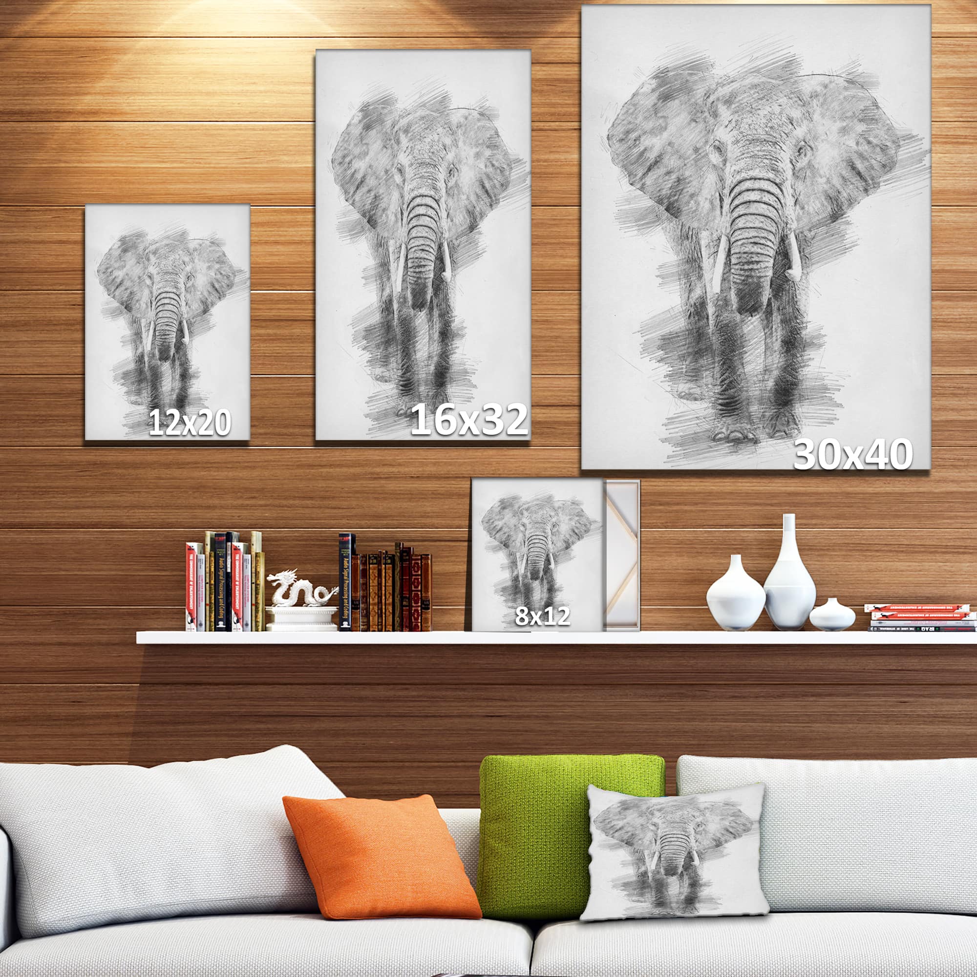 Designart - Black and White Elephant Pencil ketch - Animals Painting Print on Wrapped Canvas