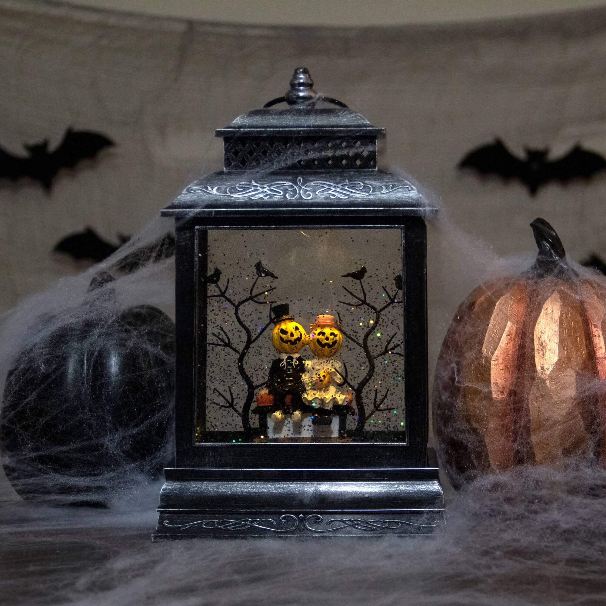 11.5" Black Lighted Halloween Snow Globe Lantern With Pumpkin Couple