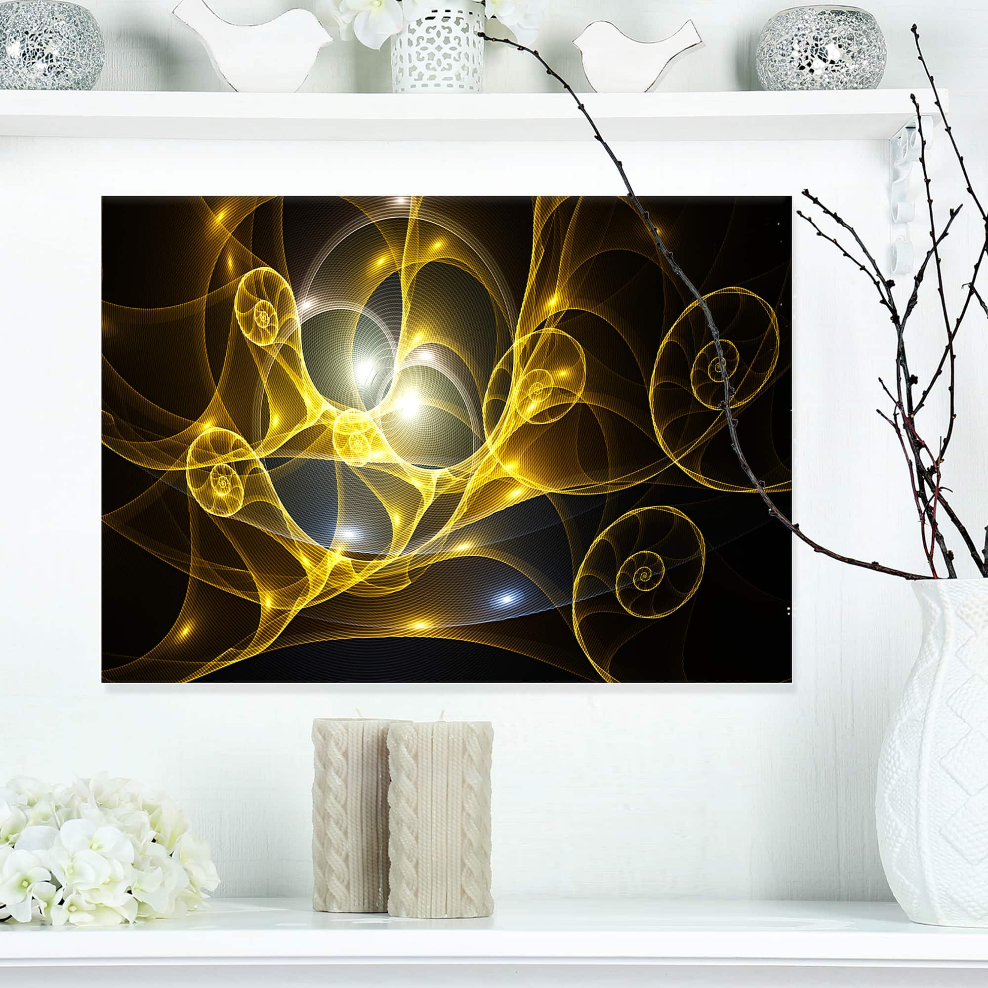 Designart - Golden Curly Spiral on Black - Abstract Wall Art Canvas