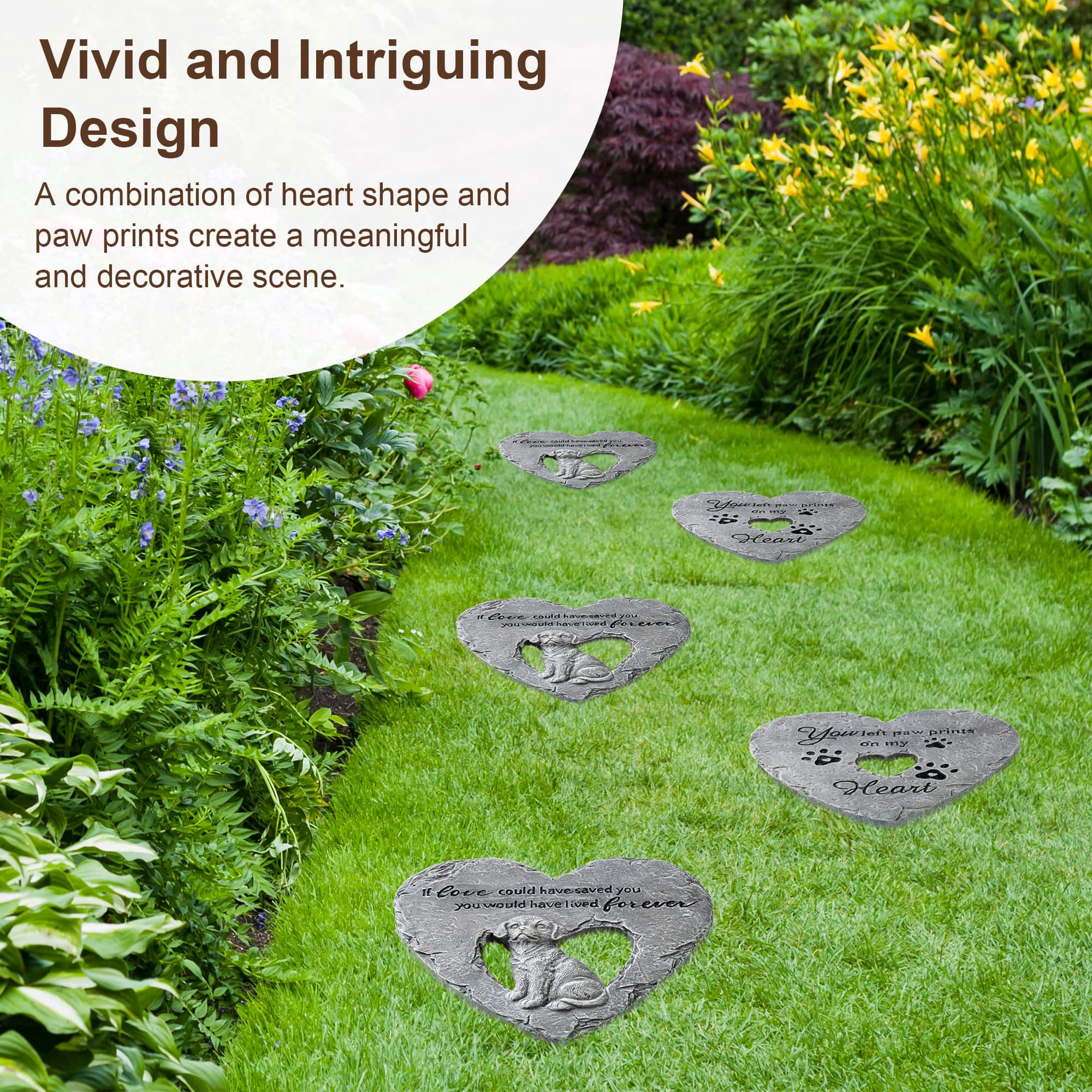 Glitzhome® 10" Set of 2 Cement Heart-Shaped Paw Prints and Dog Memory Stepping Stones