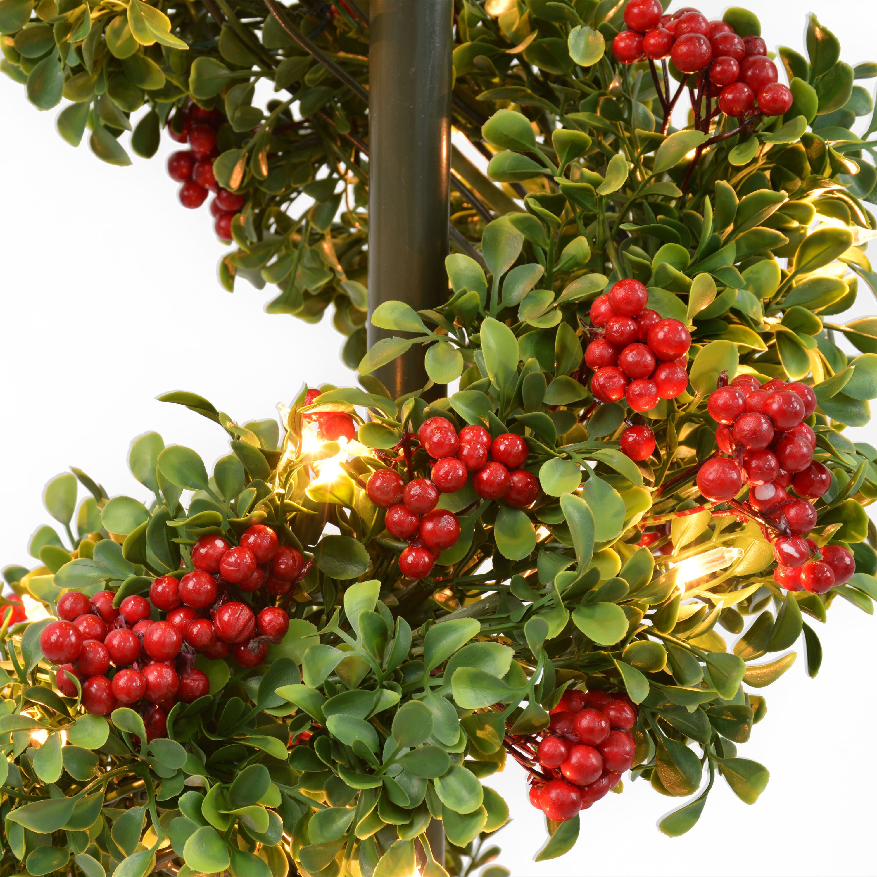 4ft. Pre-Lit Artificial Potted Swirl Tree Adorned with Red Berries, Warm White LED Lights