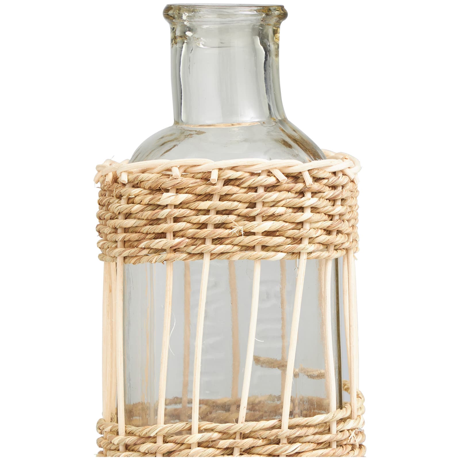 15" Clear Glass Handmade Vase with Light Brown Rattan Woven Body