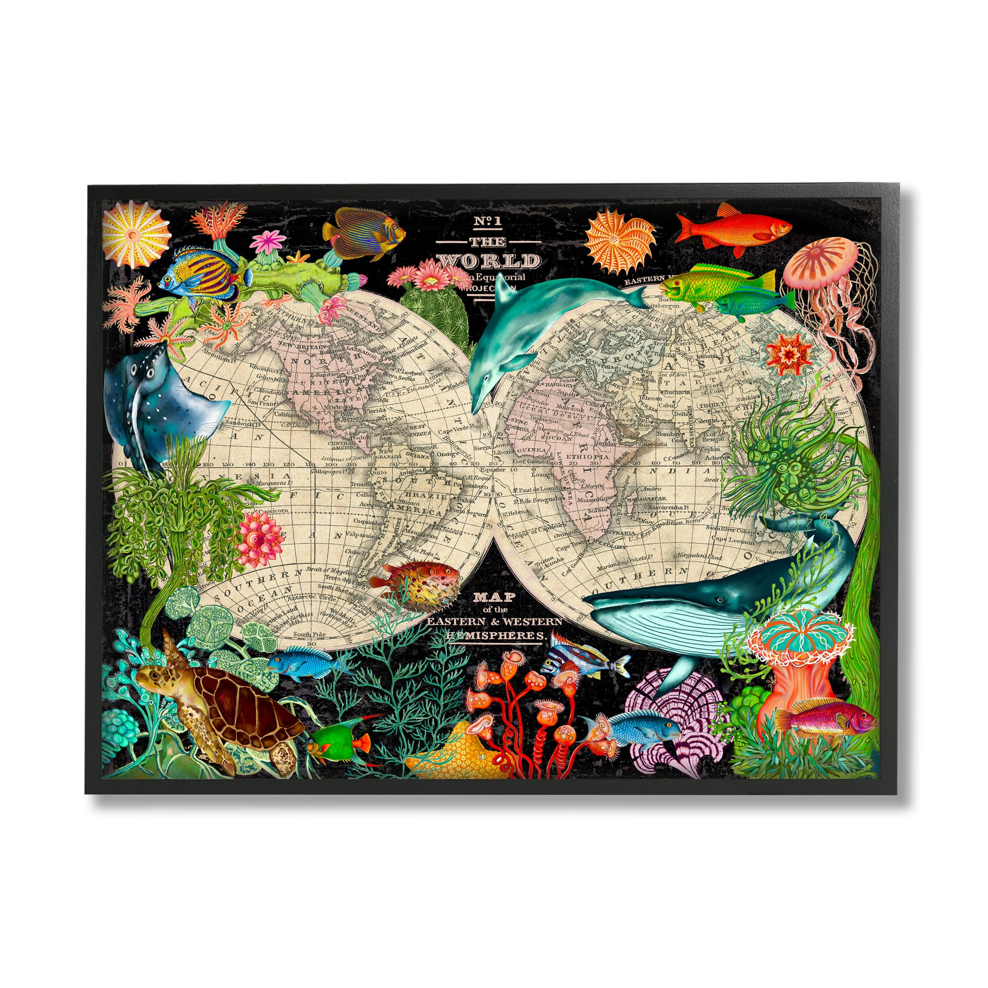 Stupell Industries Vintage World Hemisphere Map Vibrant Marine Animal Illustrations Framed Wall Art