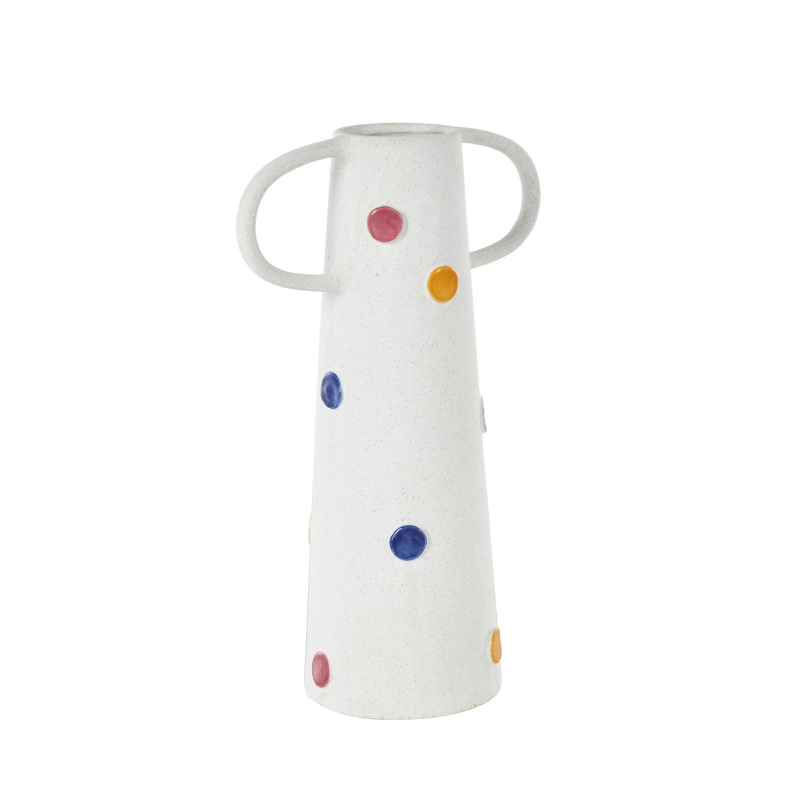 16" White & Multicolor Spots Slim Cone Ceramic Decorative Vase with Handles