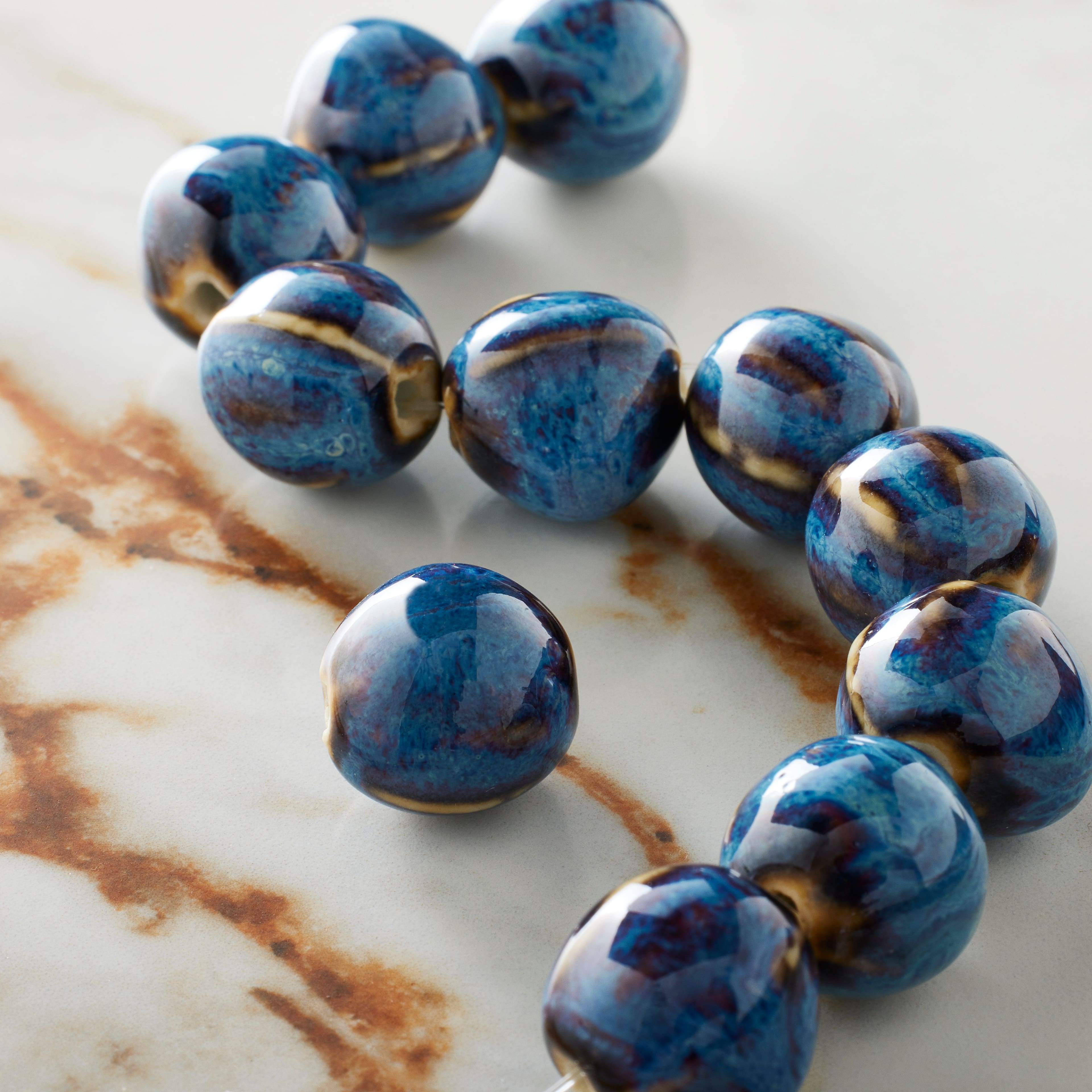 Blue Ceramic Round Melon Beads, 15mm by Bead Landing™
