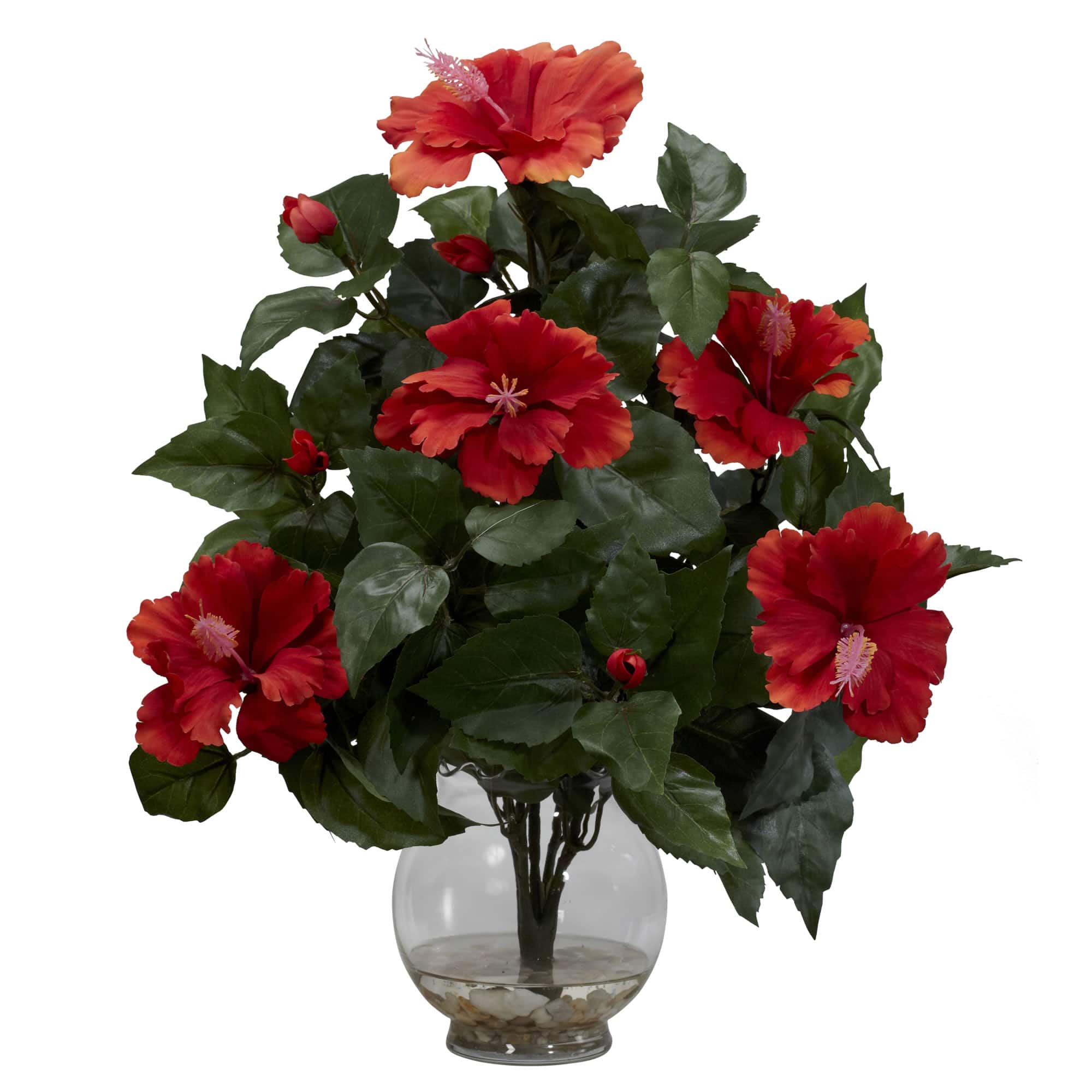 17" Red Hibiscus Silk Flower Arrangement in Fluted Vase